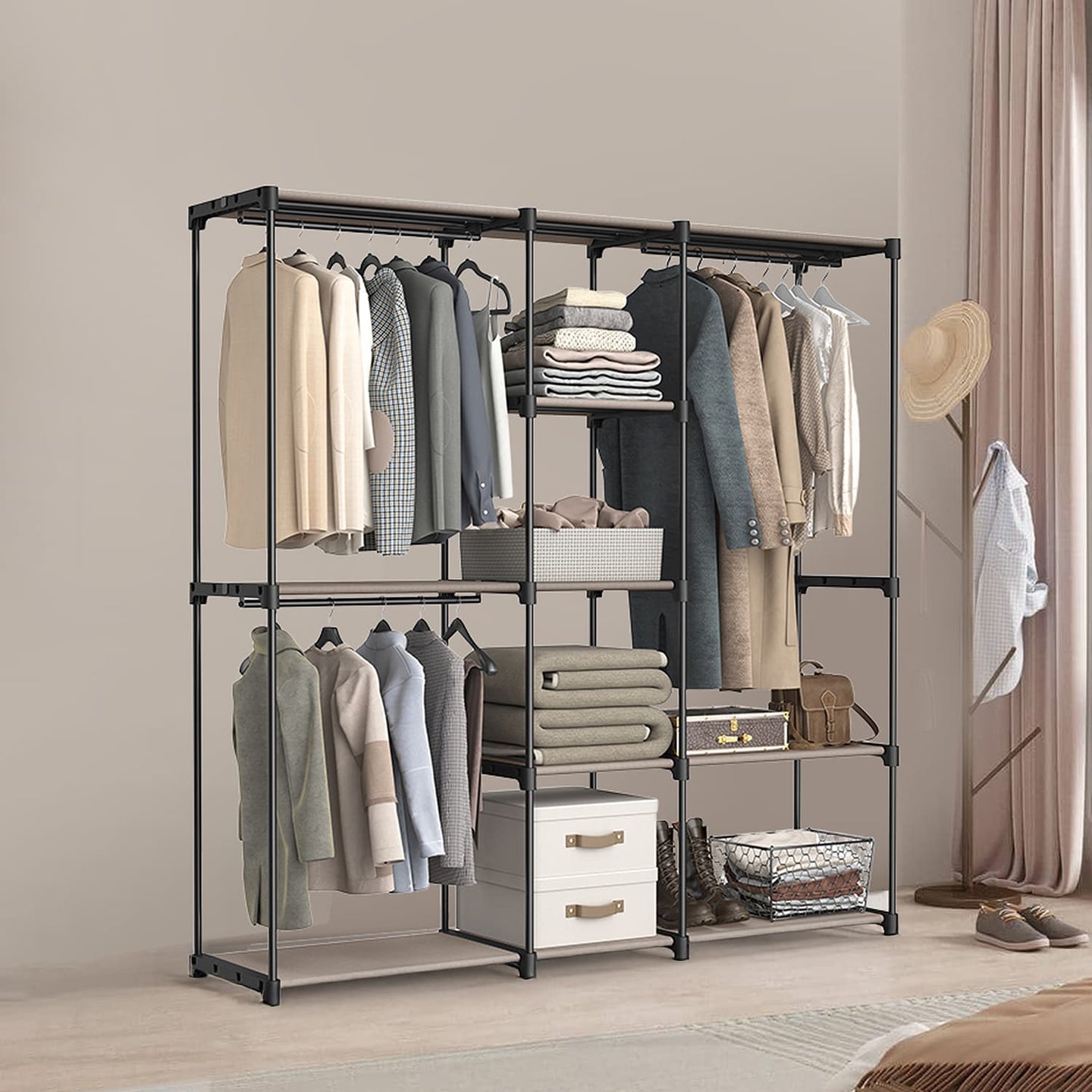 Portable Open Wardrobe - Metal - Black - Freestanding with Clothes Rails and Shelves for Bedroom