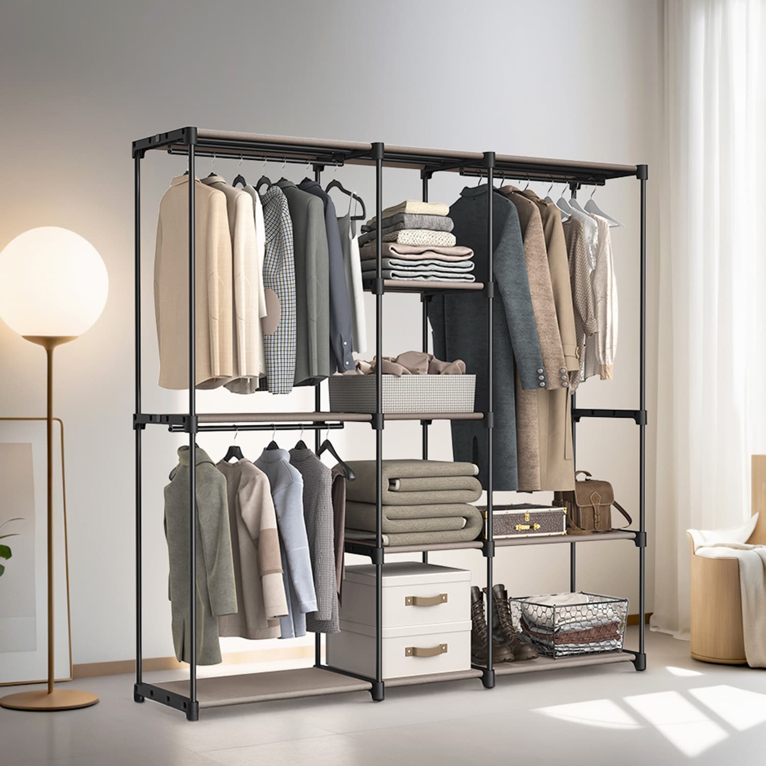 Portable Open Wardrobe - Metal - Black - Freestanding with Clothes Rails and Shelves for Bedroom