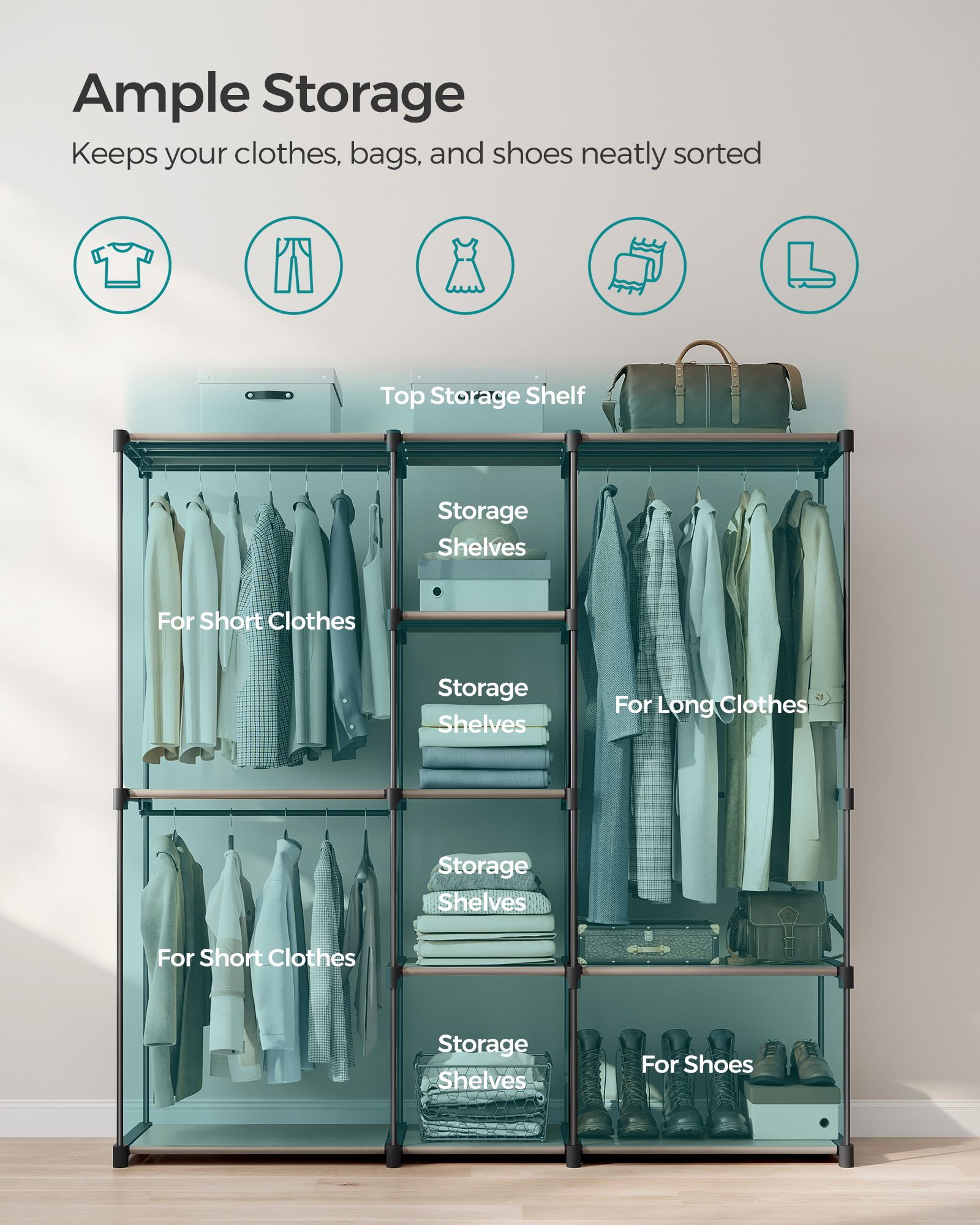 Freestanding Wardrobe - Fabric - Black - Portable Design with Clothes Rails and Shelves