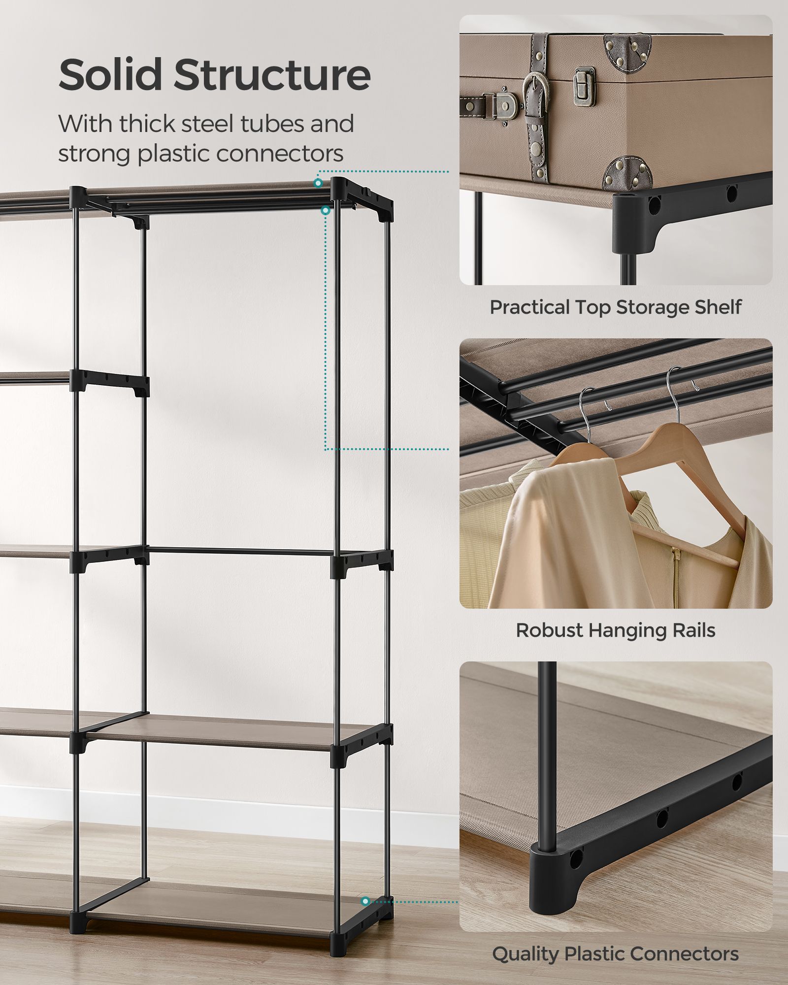 Freestanding Wardrobe - Fabric - Black - Portable Design with Clothes Rails and Shelves