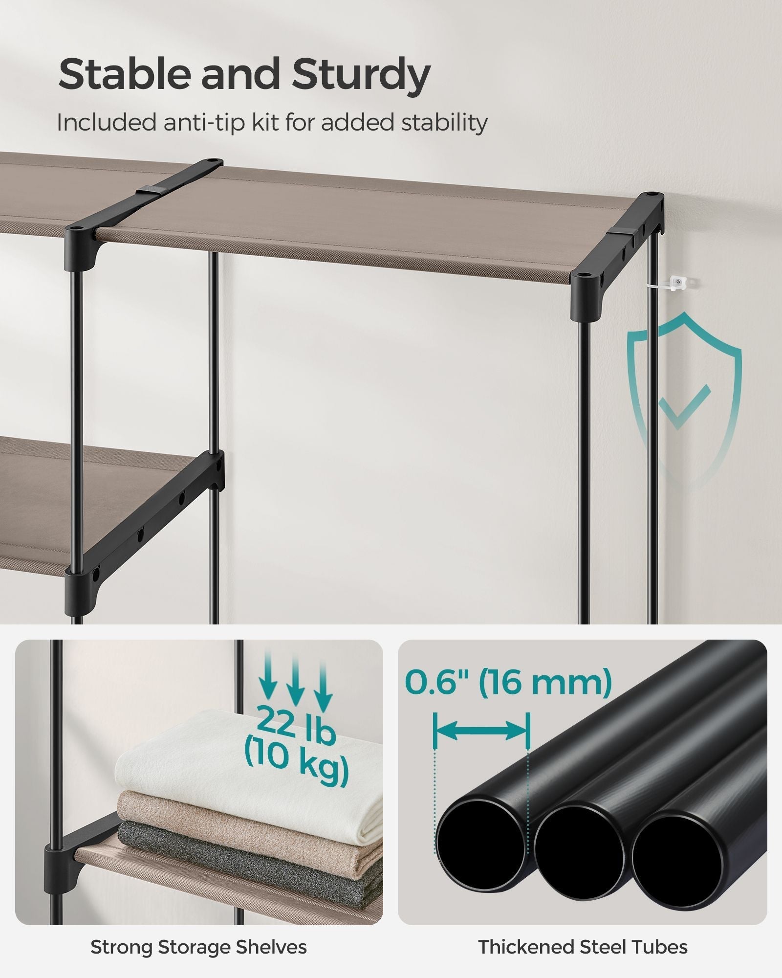 Freestanding Wardrobe - Fabric - Black - Portable Design with Clothes Rails and Shelves