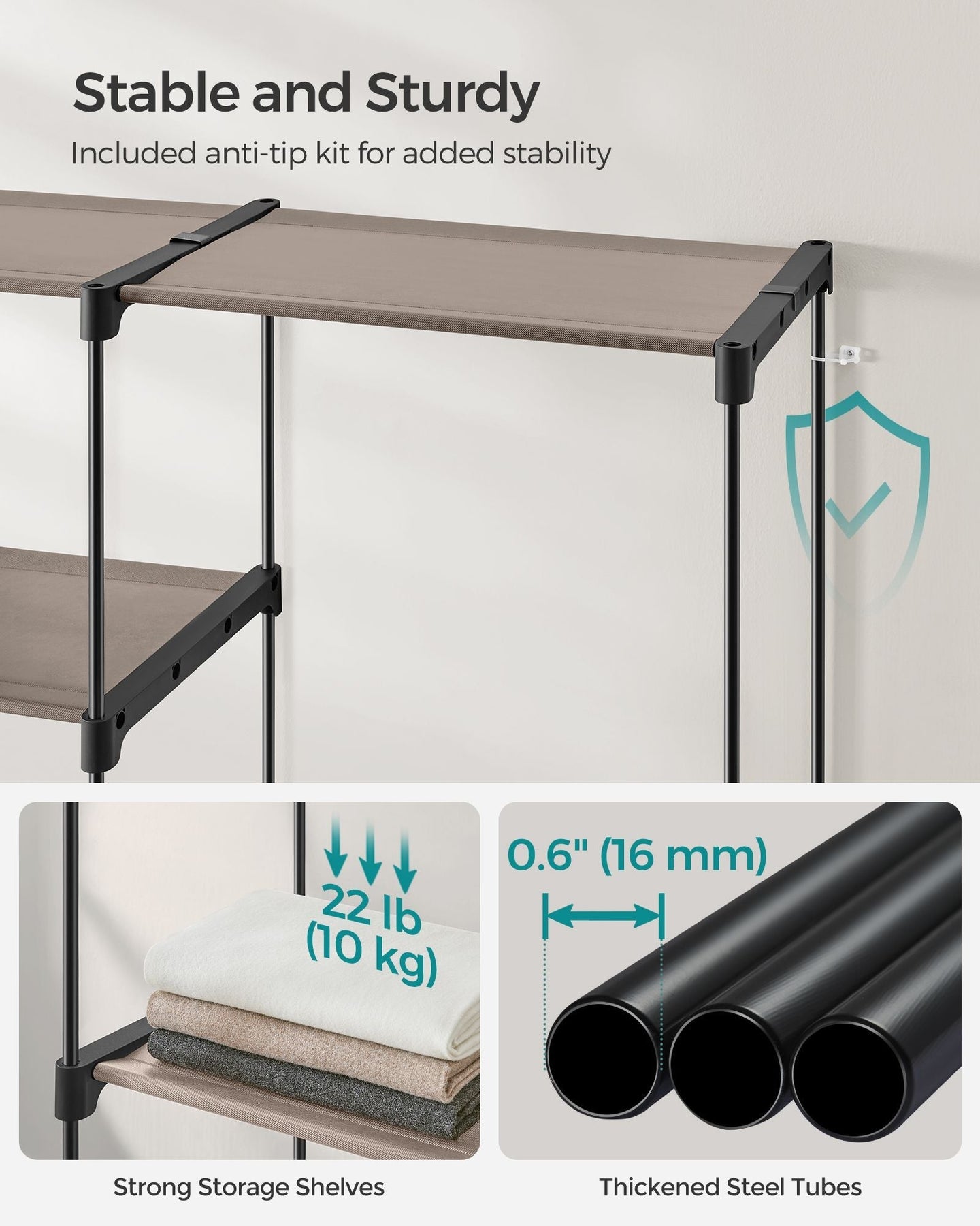 Freestanding Wardrobe - Fabric - Black - Portable Design with Clothes Rails and Shelves