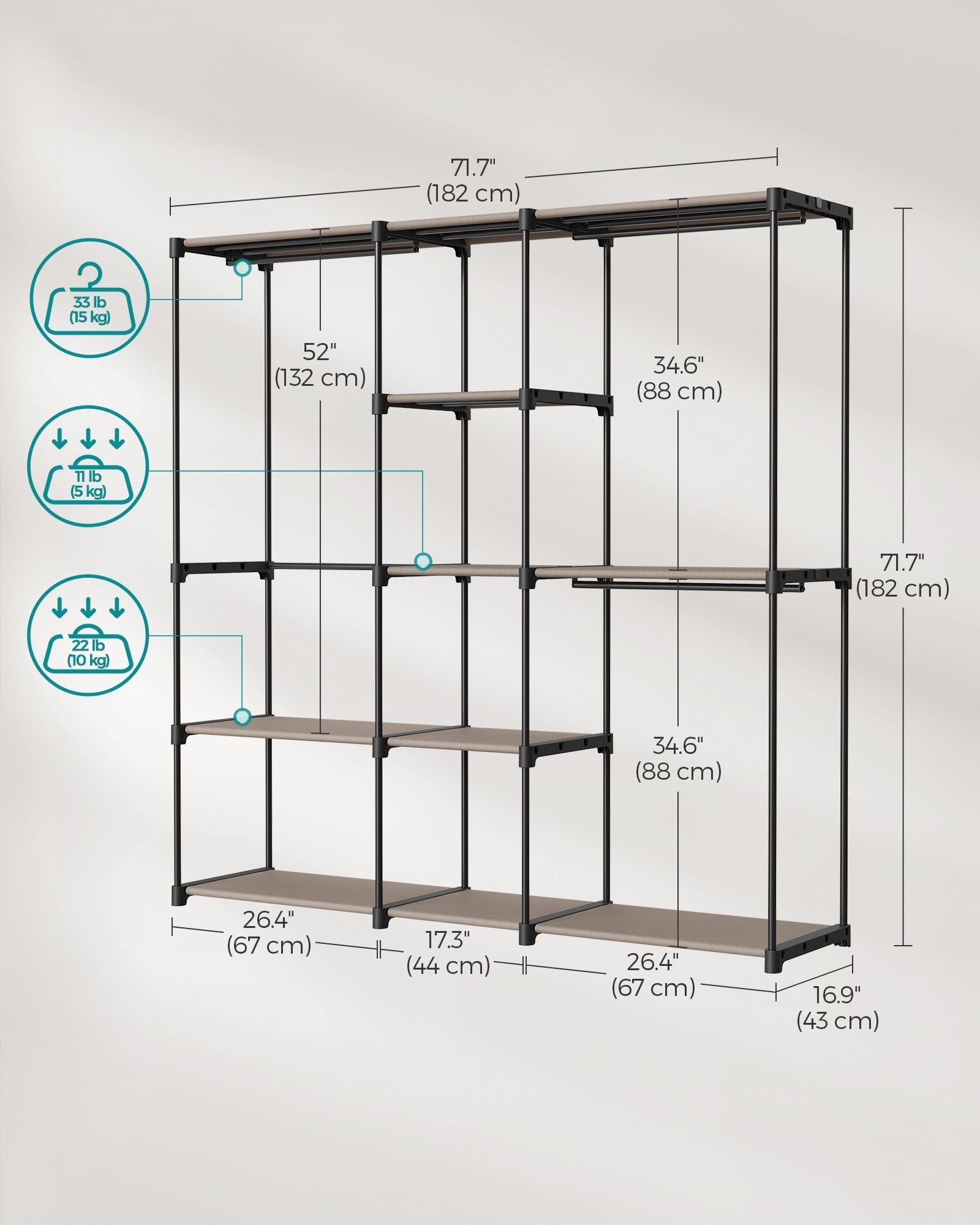 Freestanding Wardrobe - Fabric - Black - Portable Design with Clothes Rails and Shelves