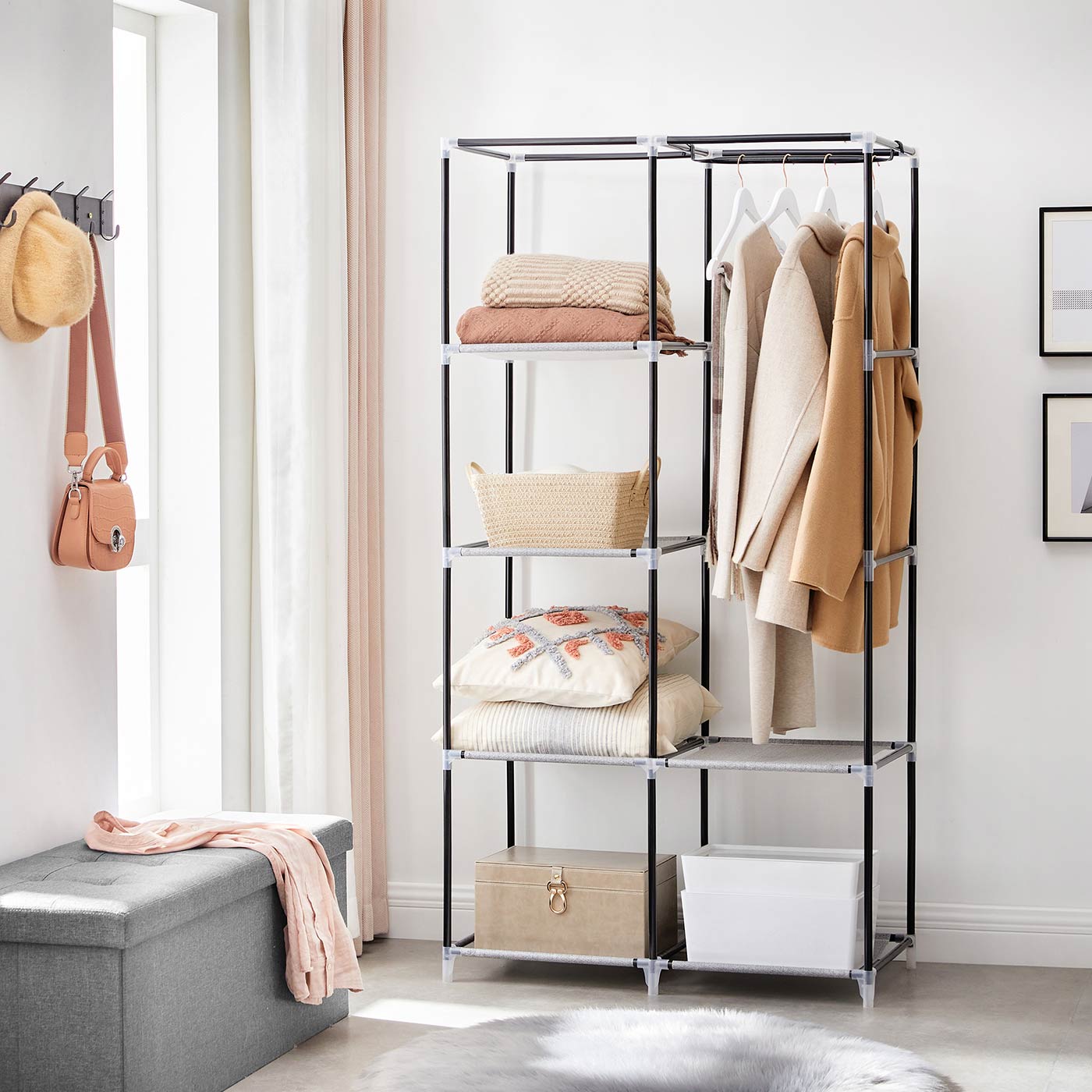 Portable Closet - Metal Frame - Grey - 6 Shelves & 2 Hanging Rails