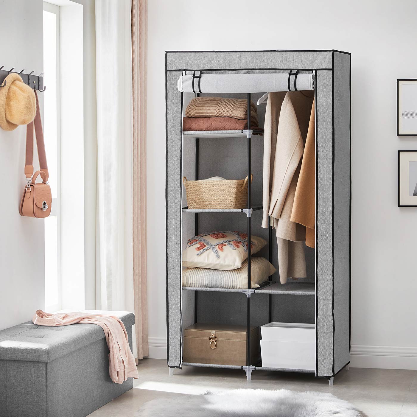 Portable Closet - Metal Frame - Grey - 6 Shelves & 2 Hanging Rails