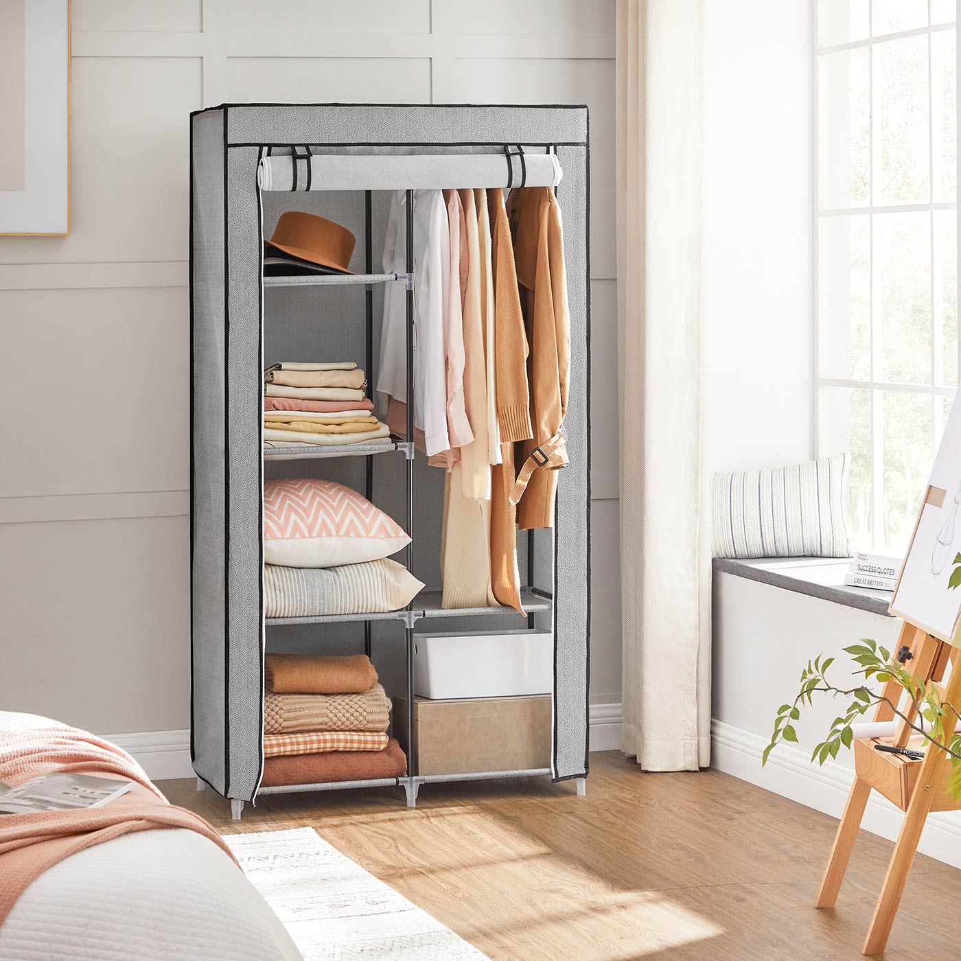 Portable Closet - Metal Frame - Grey - 6 Shelves & 2 Hanging Rails