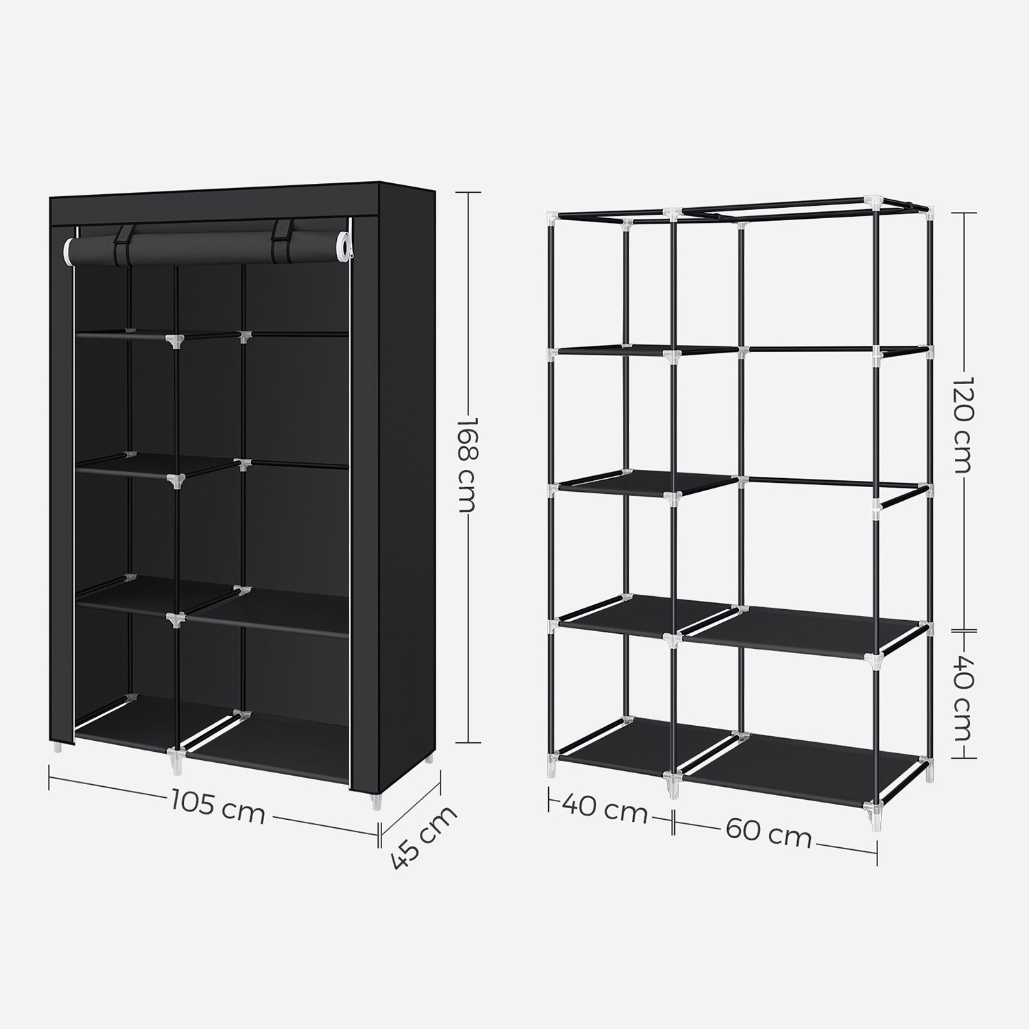 Portable Wardrobe - Non-Woven Fabric - Black - 6 Shelves and 1 Hanging Rail
