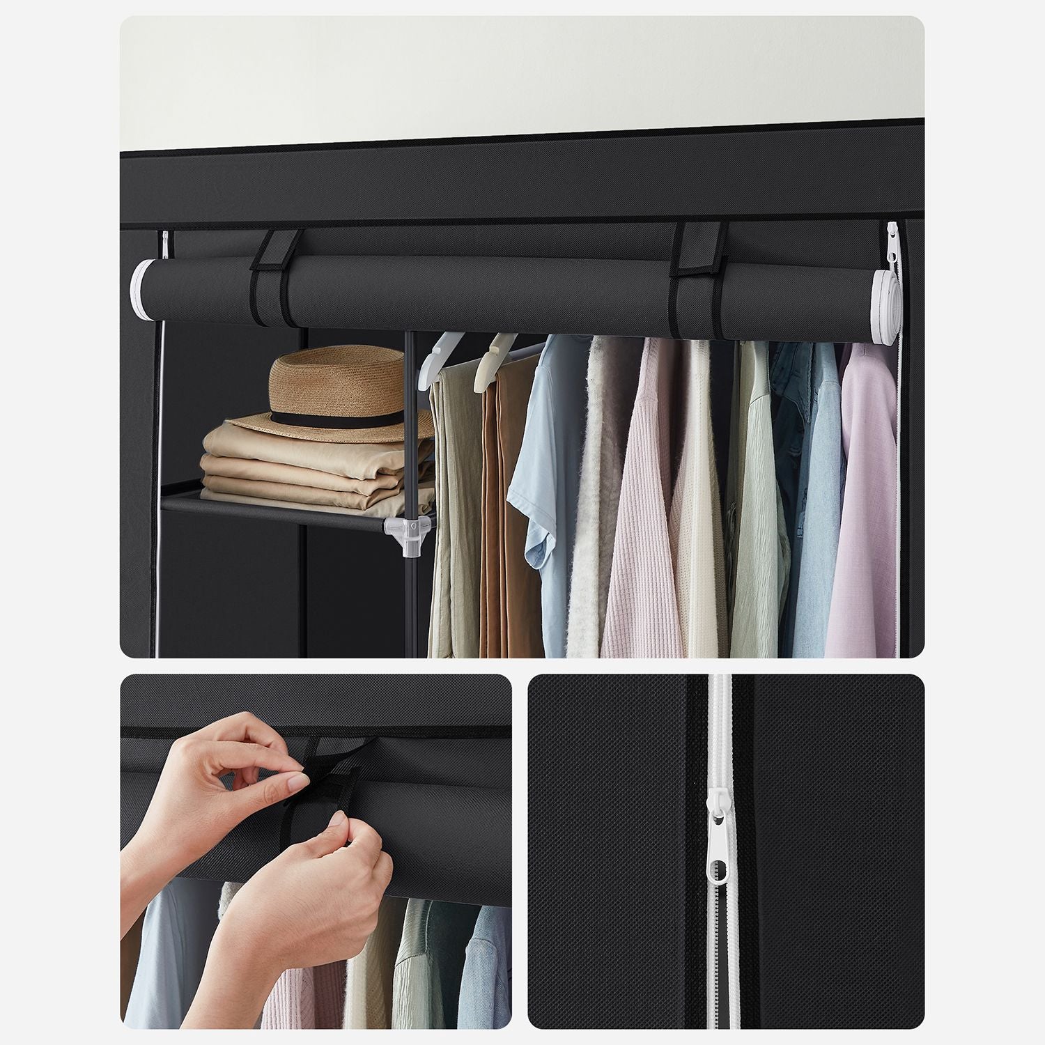 Portable Wardrobe - Non-Woven Fabric - Black - 6 Shelves and 1 Hanging Rail