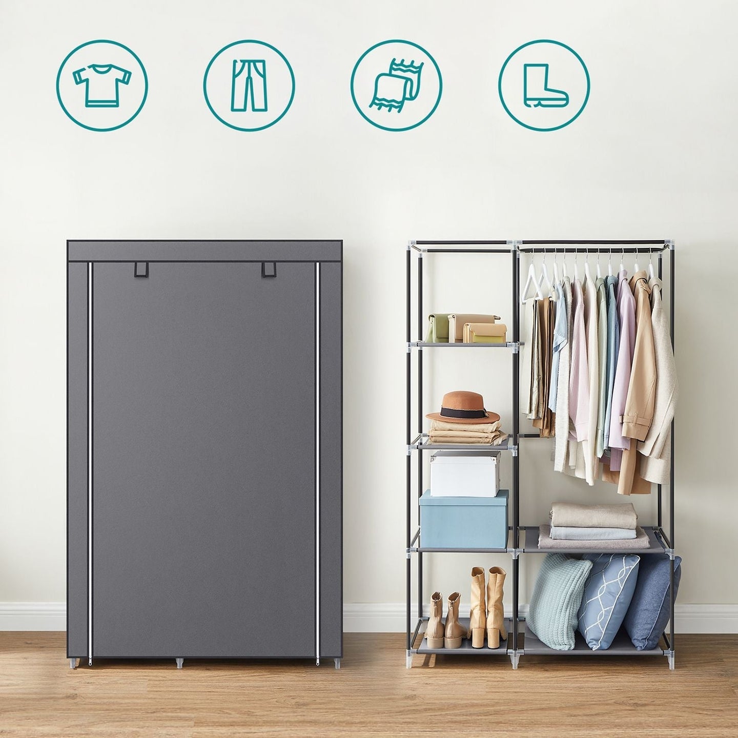 Portable Wardrobe - Non-Woven Fabric - Grey - 6 Shelves and Hanging Rail