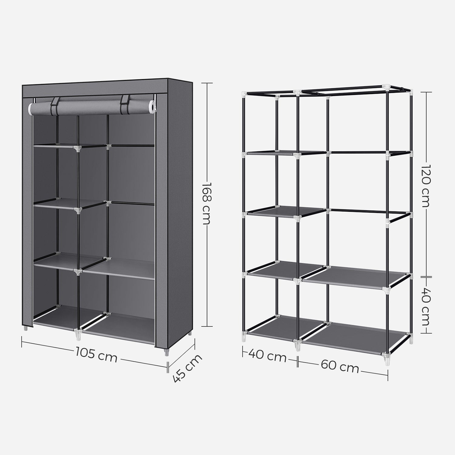 Portable Wardrobe - Non-Woven Fabric - Grey - 6 Shelves and Hanging Rail