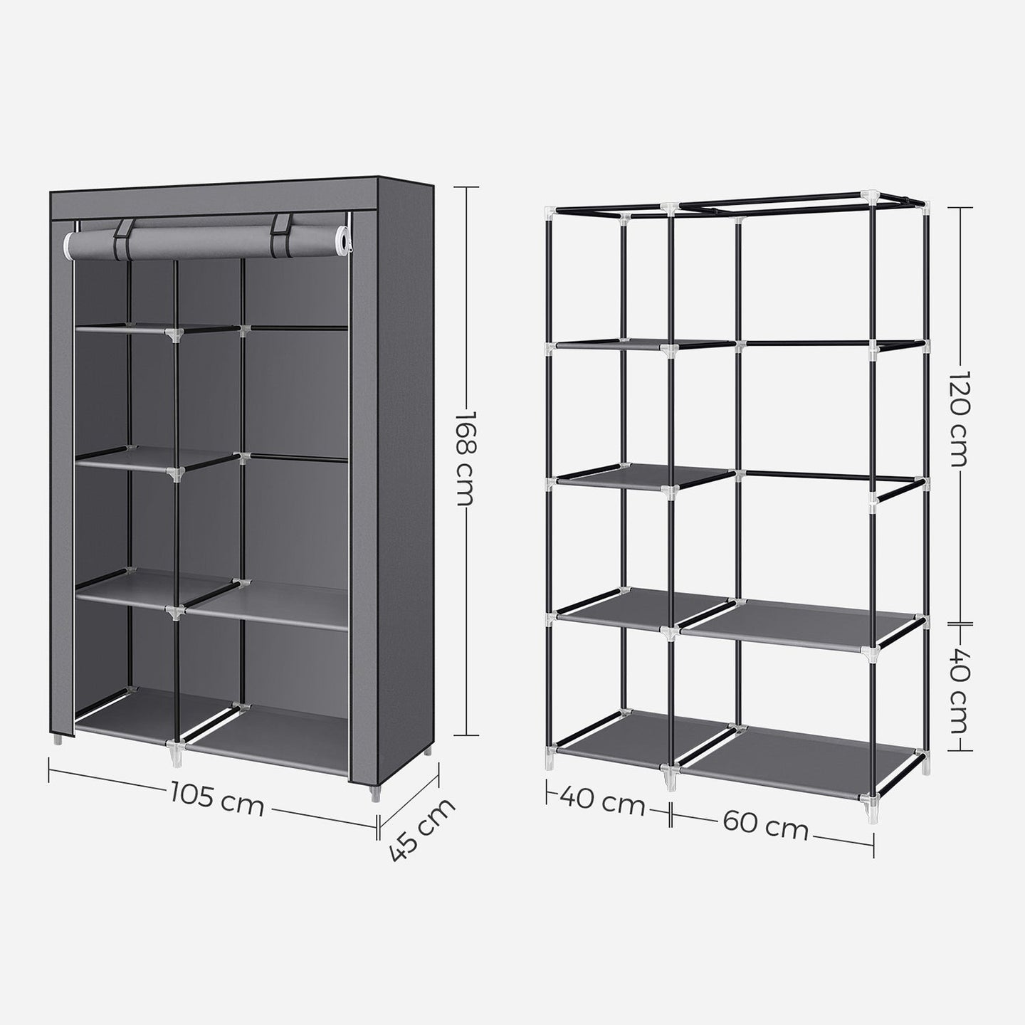 Portable Wardrobe - Non-Woven Fabric - Grey - 6 Shelves and Hanging Rail