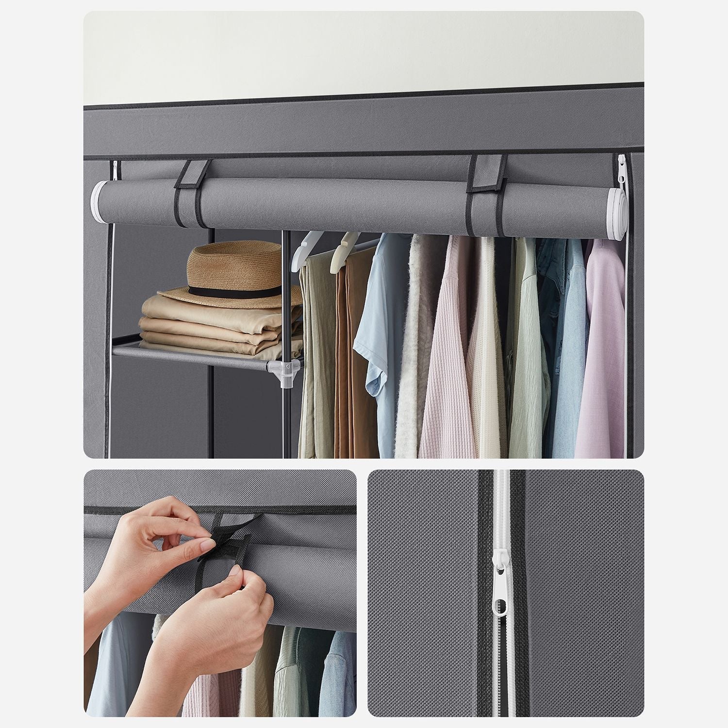 Portable Wardrobe - Non-Woven Fabric - Grey - 6 Shelves and Hanging Rail