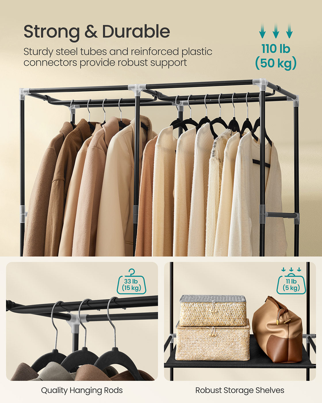 Portable Closet - Fabric - Ink Black - Large Capacity with 3 Hanging Rails and Shelves