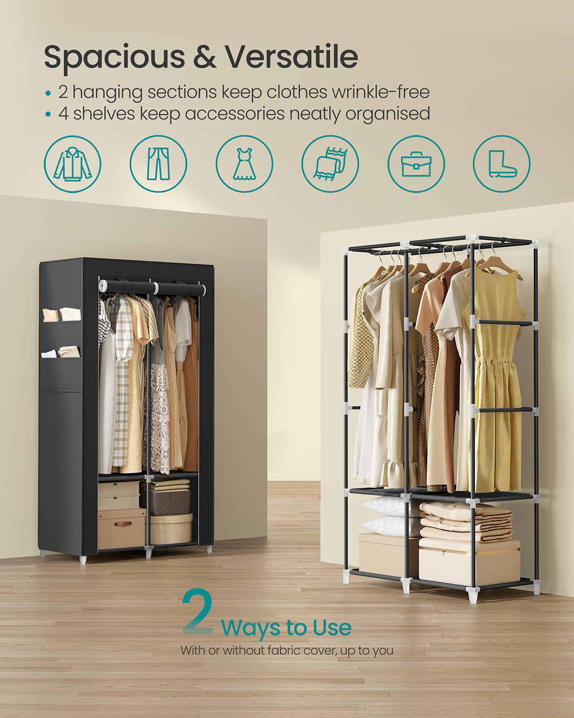 Portable Closet - Fabric - Ink Black - Large Capacity with 3 Hanging Rails and Shelves