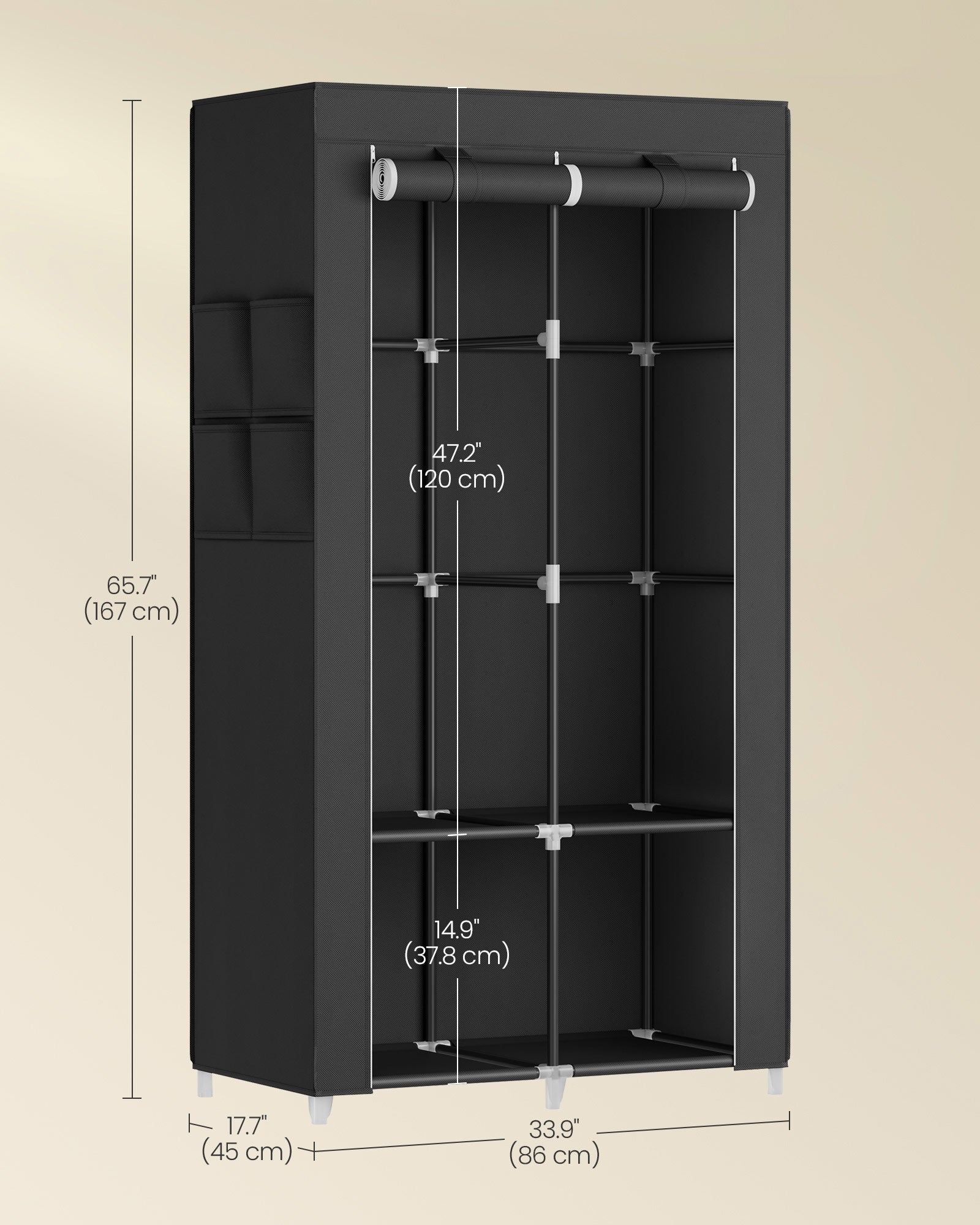 Portable Closet - Fabric - Ink Black - Large Capacity with 3 Hanging Rails and Shelves