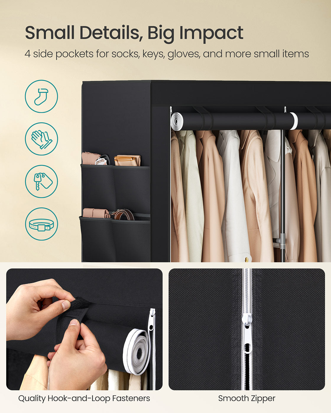 Portable Closet - Fabric - Ink Black - Large Capacity with 3 Hanging Rails and Shelves