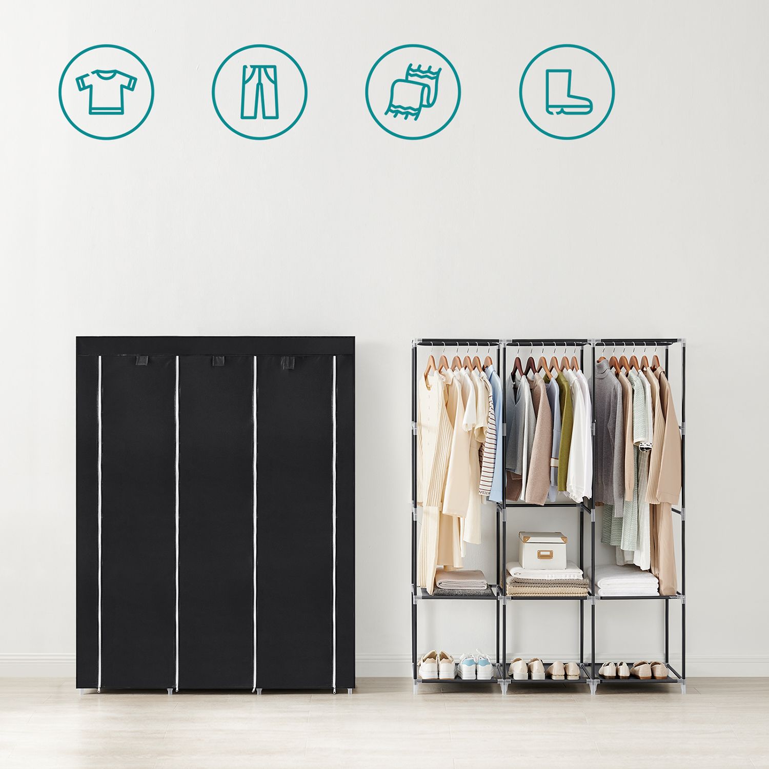 Portable Wardrobe - Fabric - Black - Large Capacity with 3 Hanging Rails and Shelves