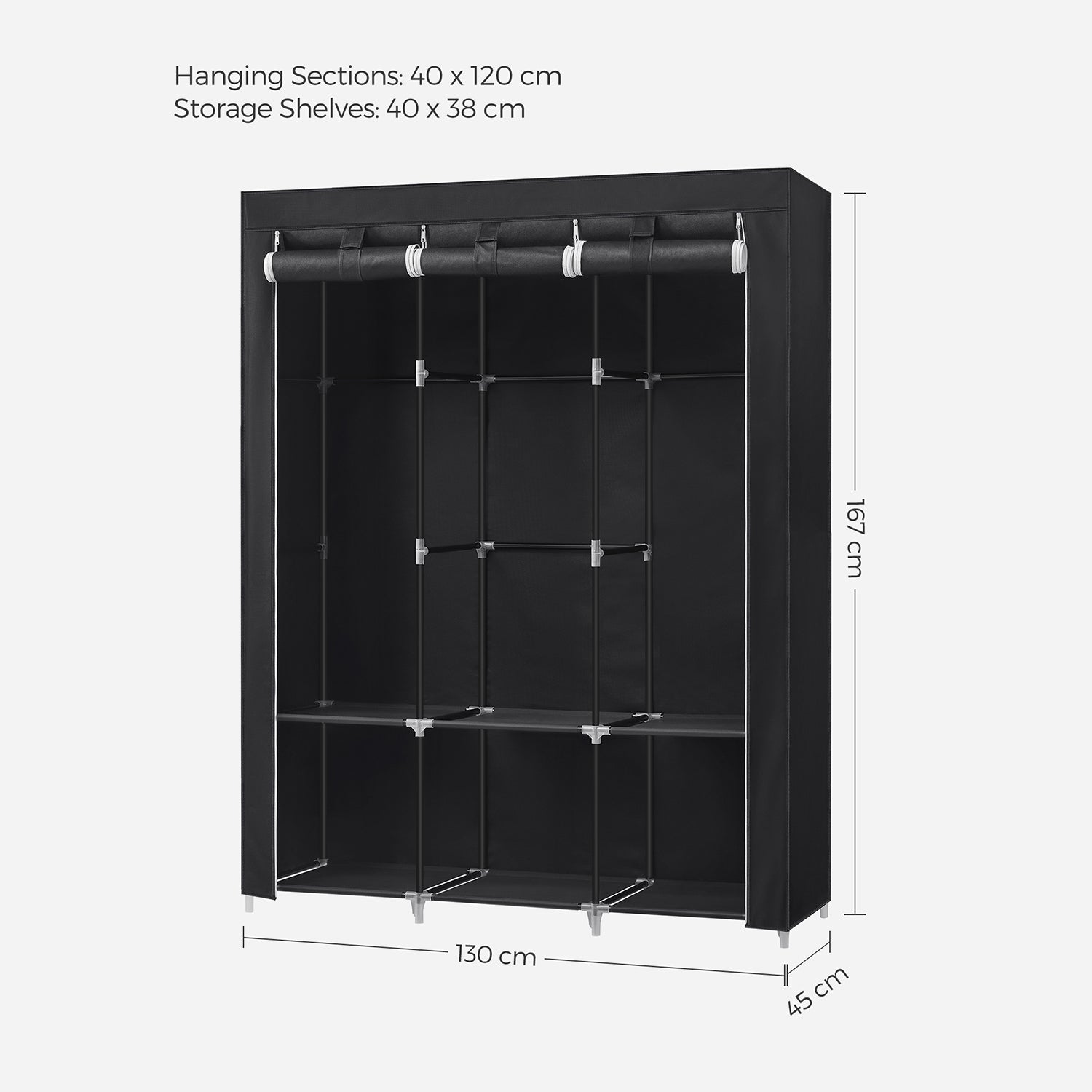 Portable Wardrobe - Fabric - Black - Large Capacity with 3 Hanging Rails and Shelves