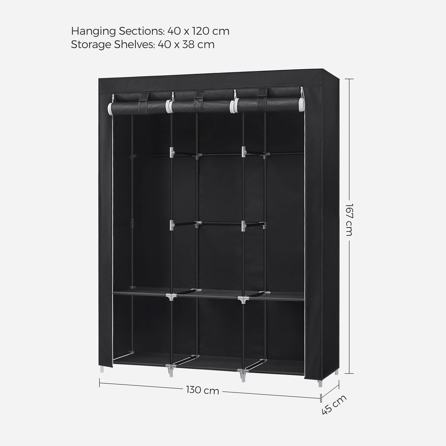 Portable Wardrobe - Fabric - Black - Large Capacity with 3 Hanging Rails and Shelves