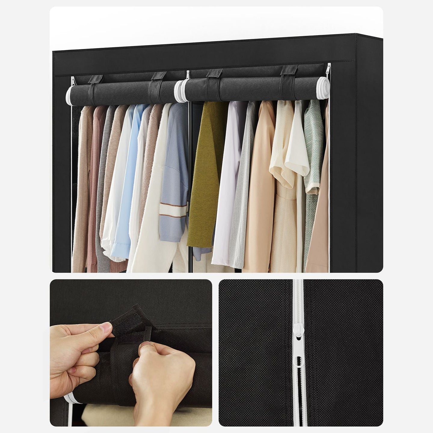 Portable Wardrobe - Fabric - Black - Large Capacity with 3 Hanging Rails and Shelves