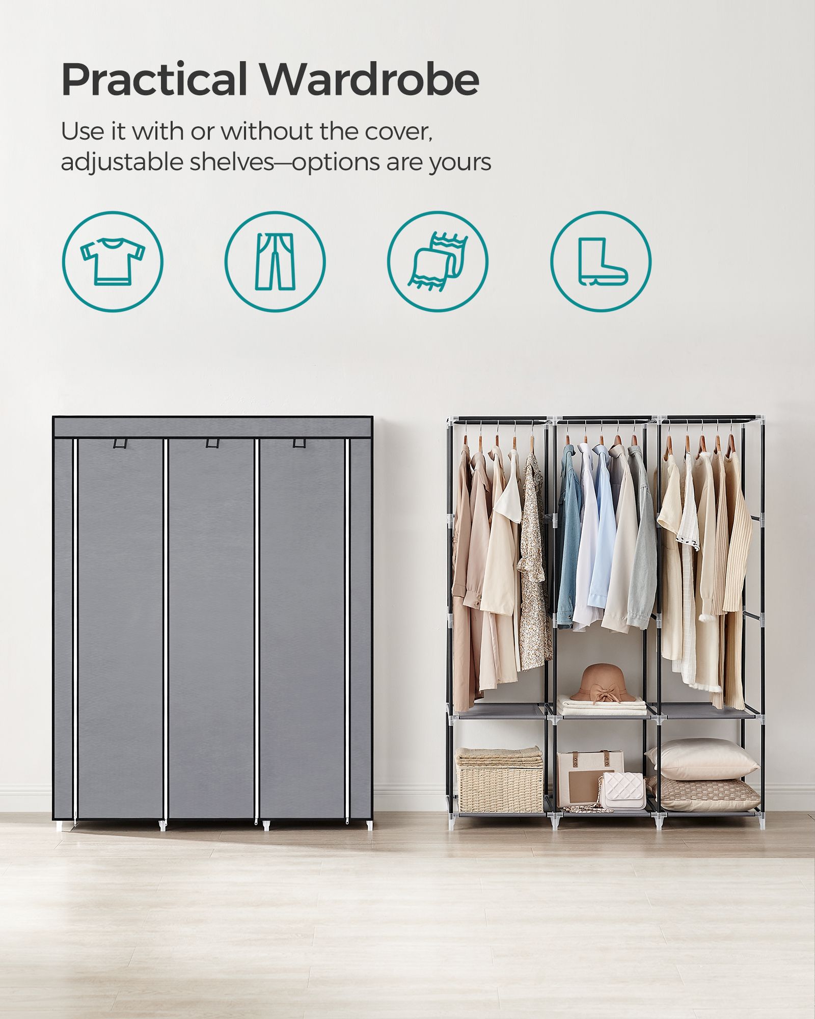 Portable Clothes Wardrobe - Fabric - Grey - Large Capacity with Cover and Multiple Storage Options
