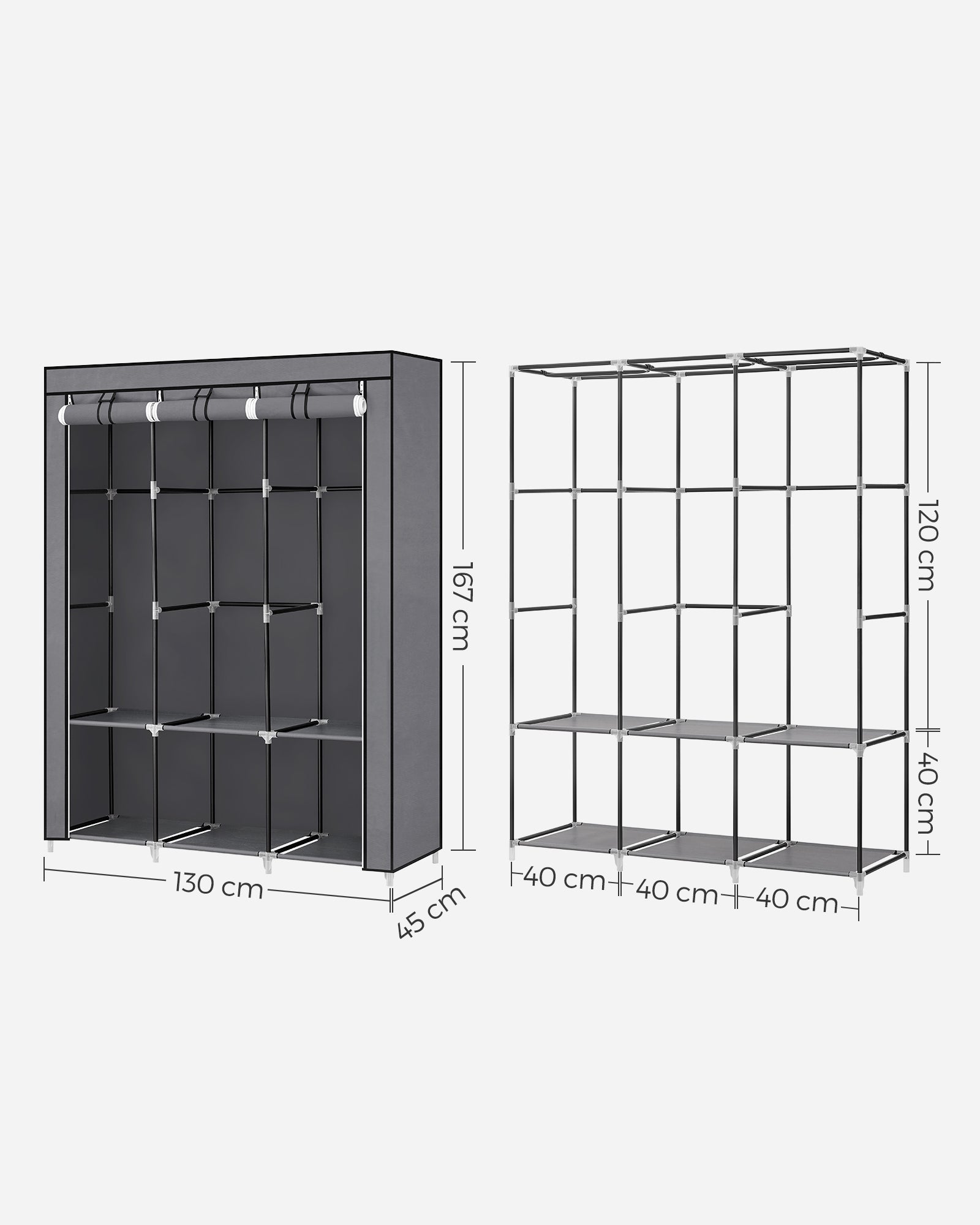 Portable Clothes Wardrobe - Fabric - Grey - Large Capacity with Cover and Multiple Storage Options