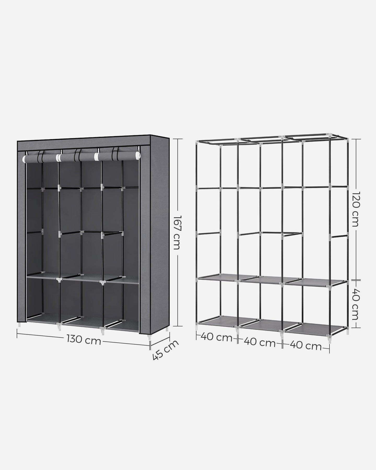 Portable Clothes Wardrobe - Fabric - Grey - Large Capacity with Cover and Multiple Storage Options