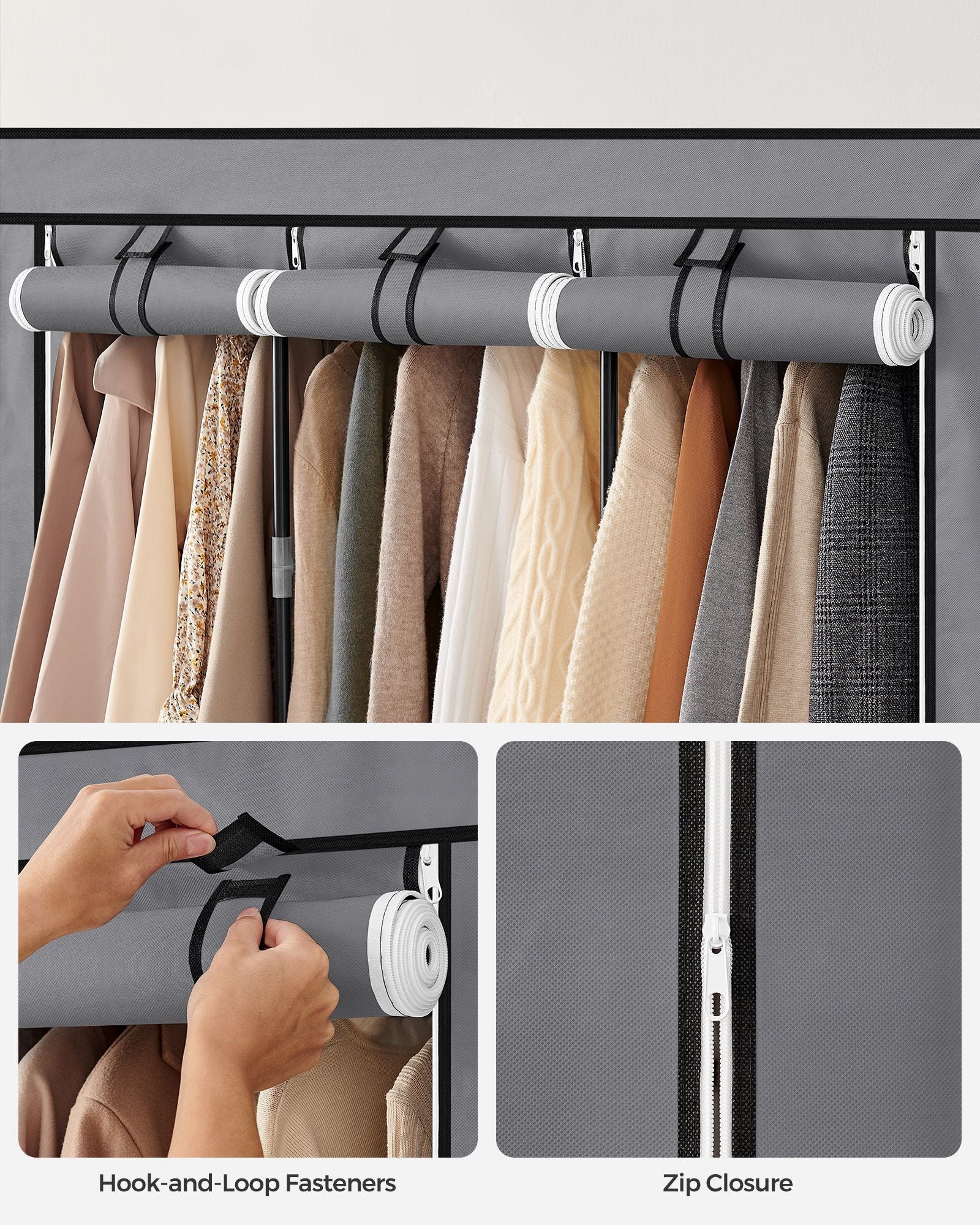 Portable Clothes Wardrobe - Fabric - Grey - Large Capacity with Cover and Multiple Storage Options