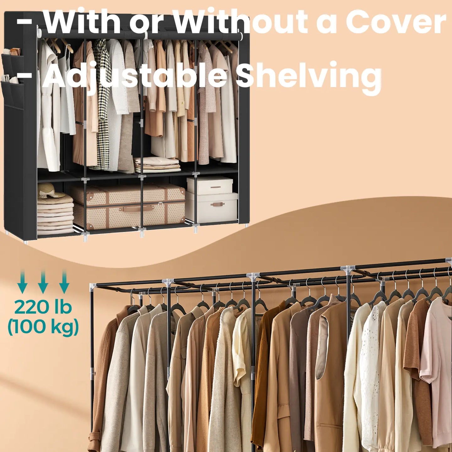 Portable Closet - Fabric - Grey - 4 Hanging Rods