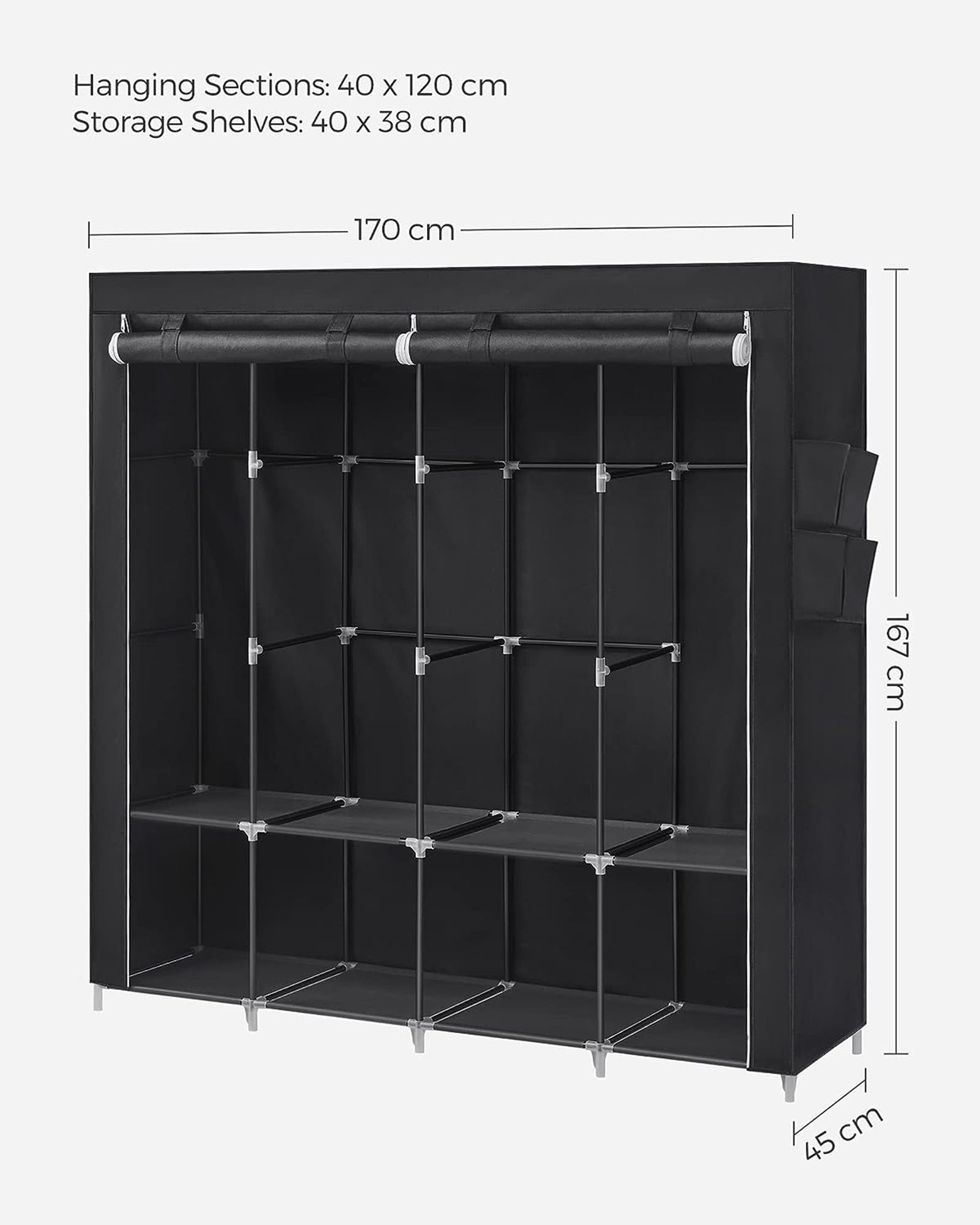 Portable Clothes Wardrobe - Fabric - Grey - Large Capacity with Shelves and Pockets