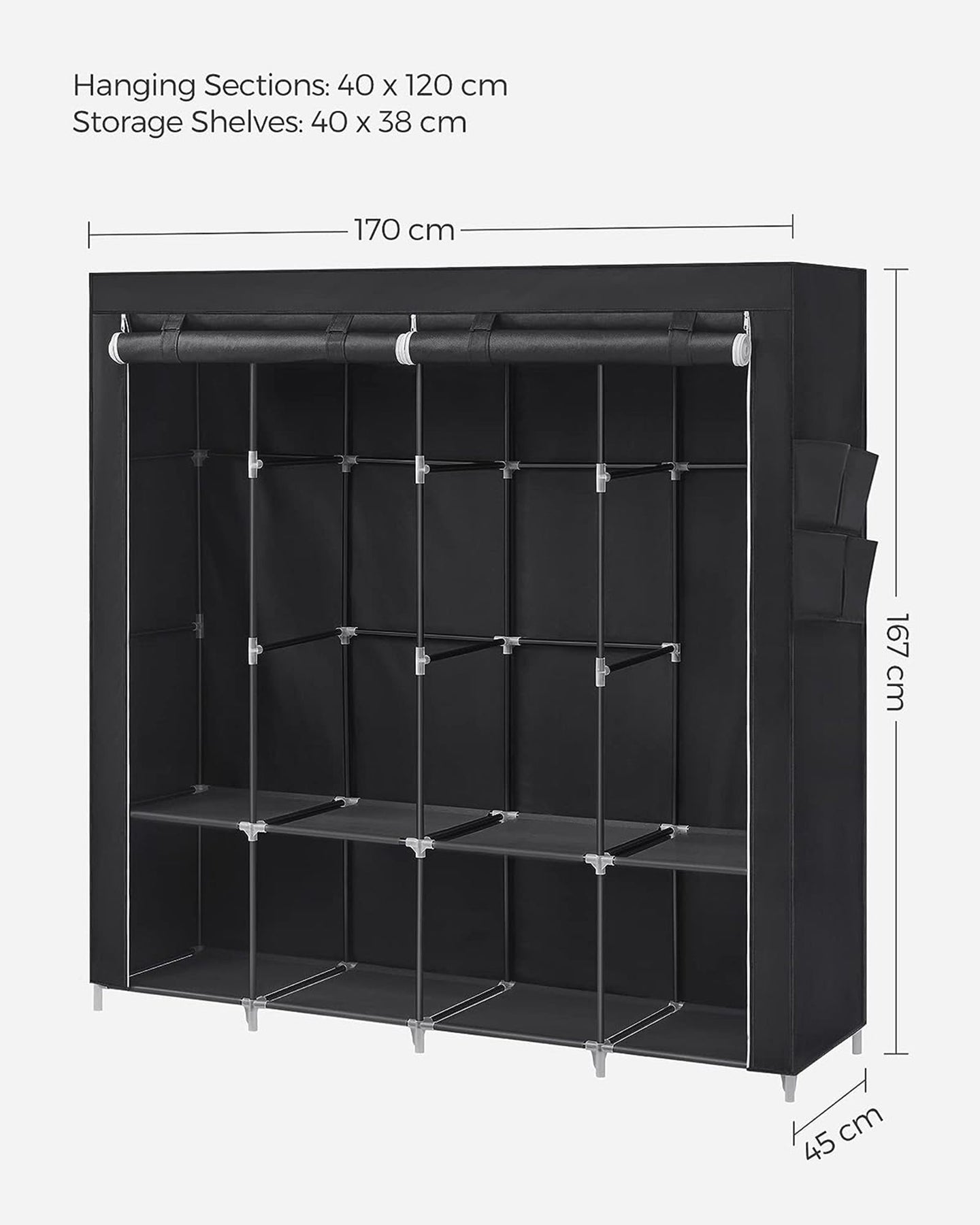 Portable Clothes Wardrobe - Fabric - Grey - Large Capacity with Shelves and Pockets