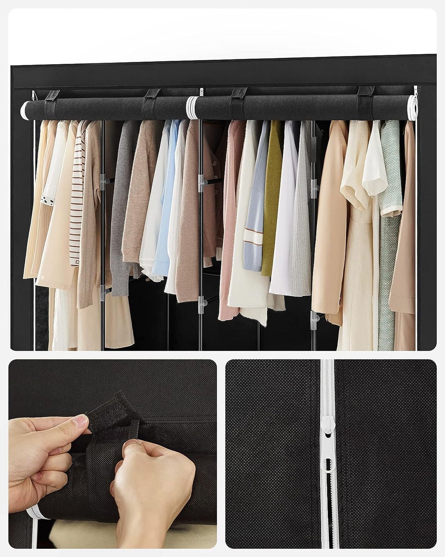 Portable Clothes Wardrobe - Fabric - Grey - Large Capacity with Shelves and Pockets