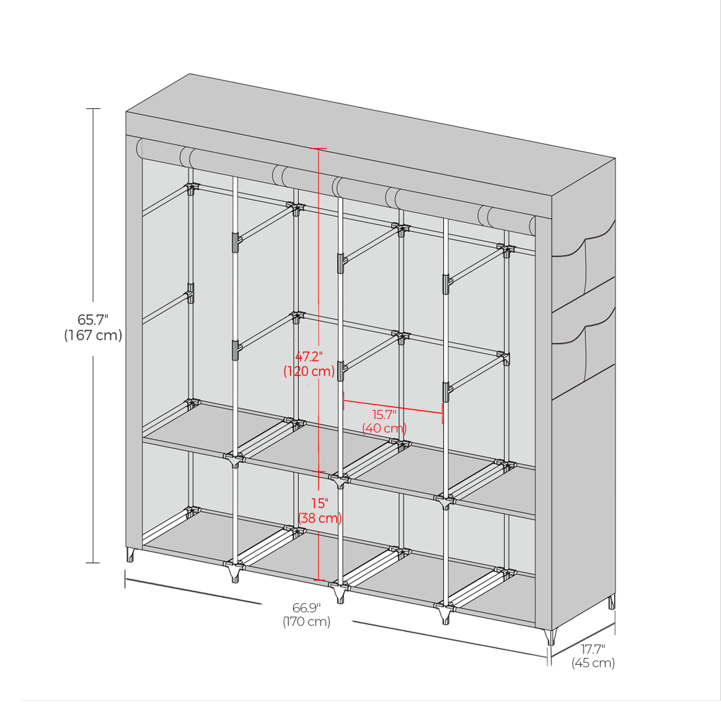 Portable Closet - Fabric - Grey - 4 Hanging Rods