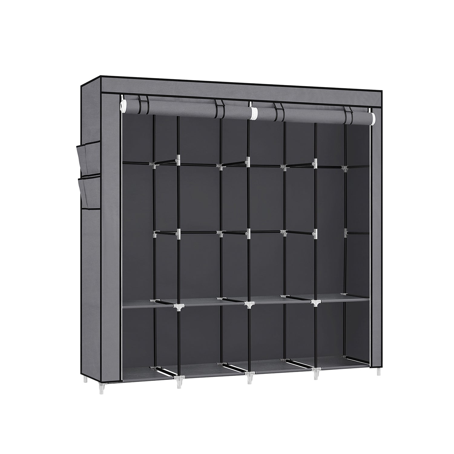 Portable Clothes Wardrobe - Fabric - Grey - Large Capacity with 4 Hanging Rails and Shelves