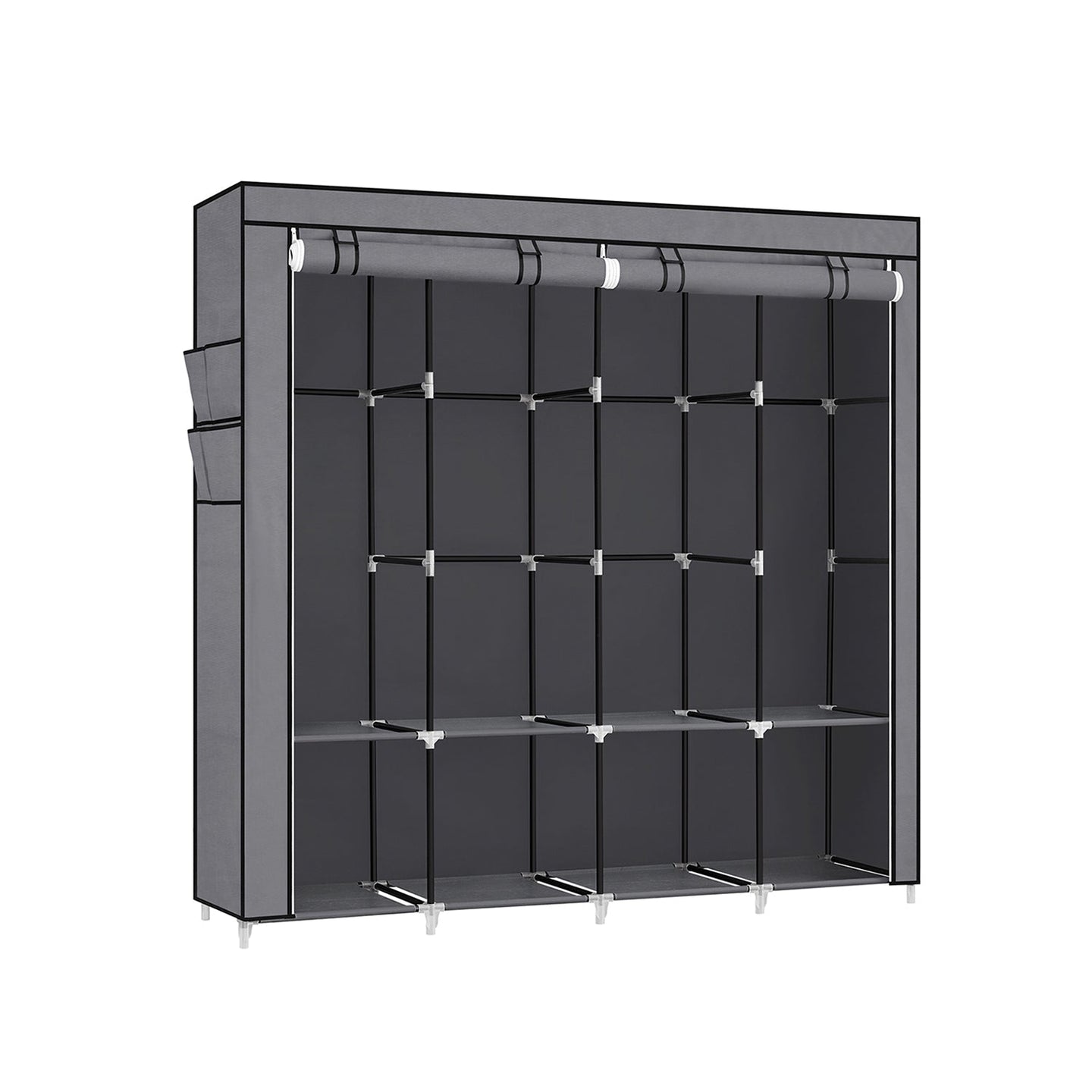 Portable Clothes Wardrobe - Fabric - Grey - Large Capacity with 4 Hanging Rails and Shelves