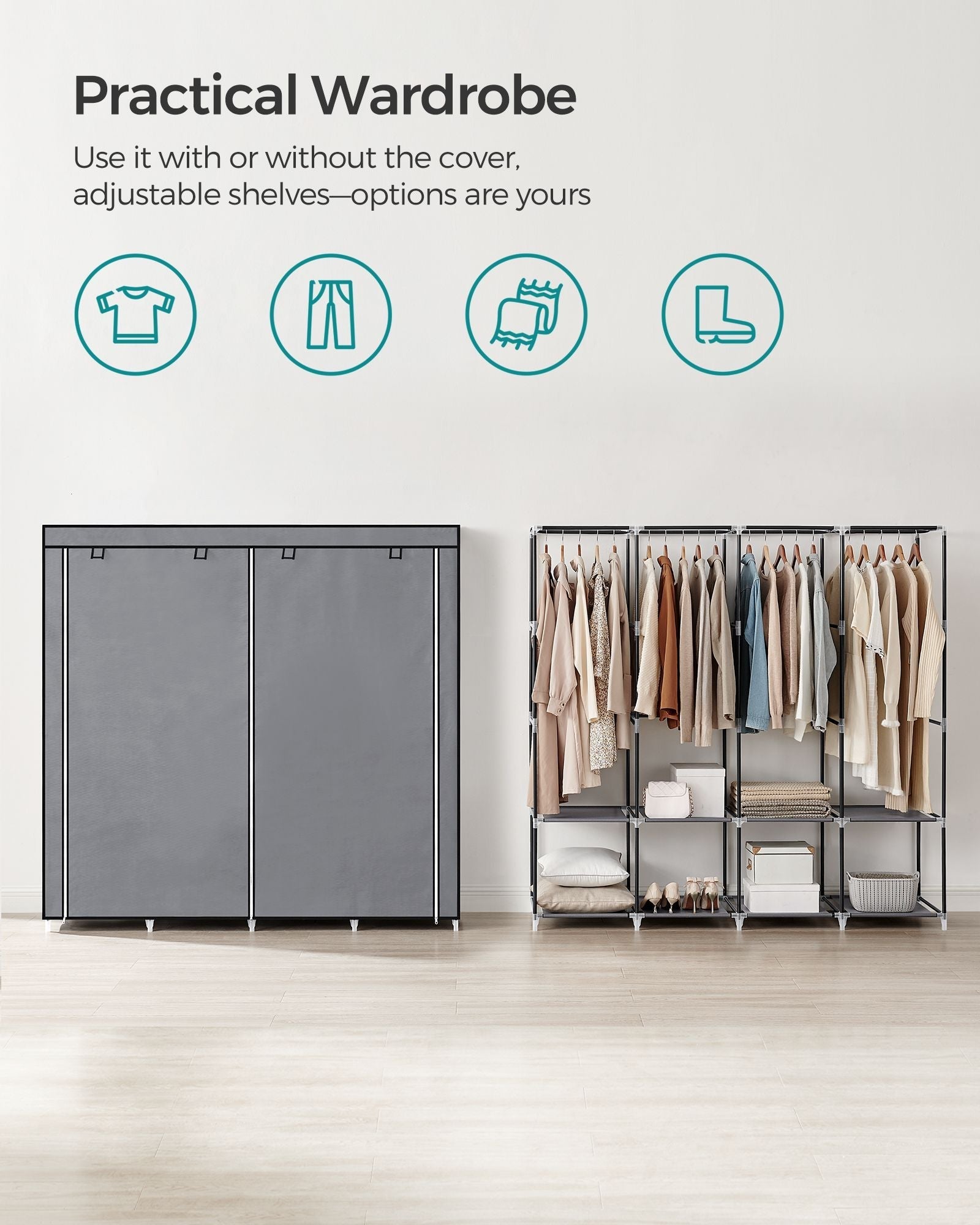 Portable Clothes Wardrobe - Fabric - Grey - Large Capacity with 4 Hanging Rails and Shelves