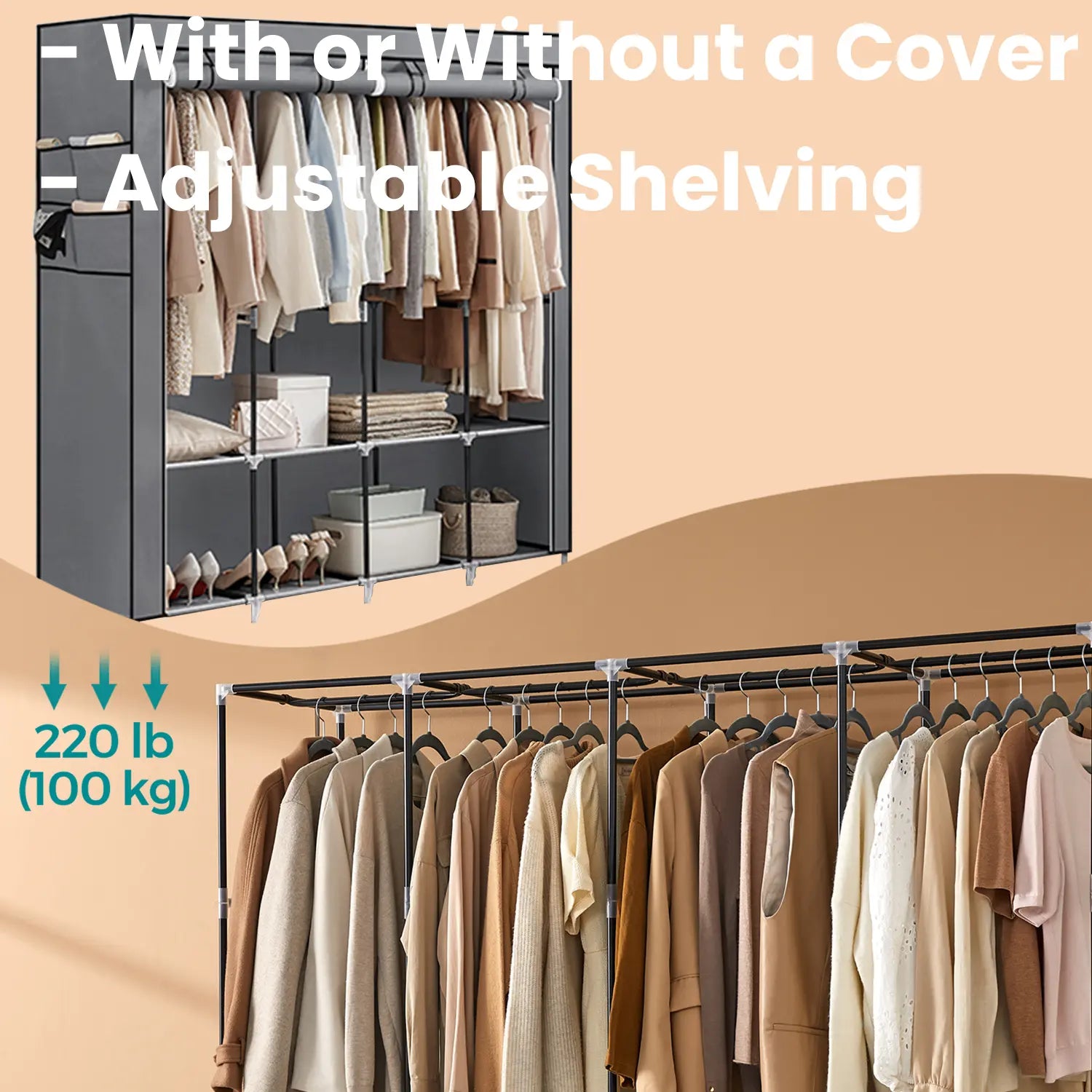 Portable Closet - Fabric - Grey - 4 Hanging Rods