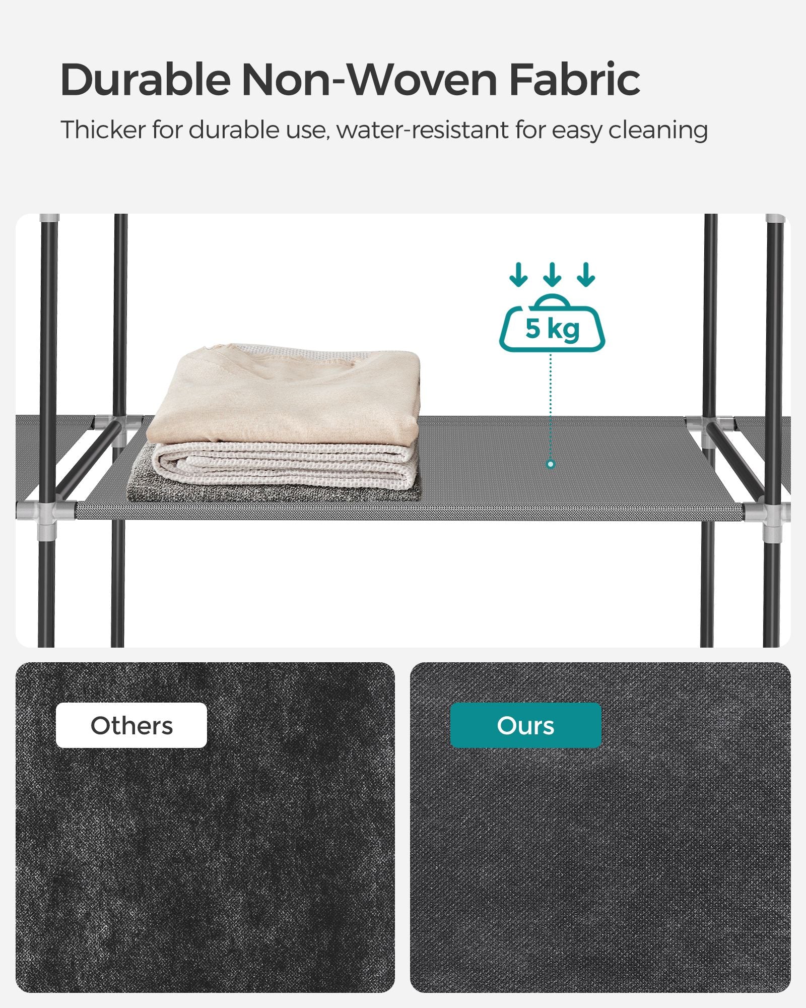 Portable Clothes Wardrobe - Fabric - Grey - Large Capacity with 4 Hanging Rails and Shelves
