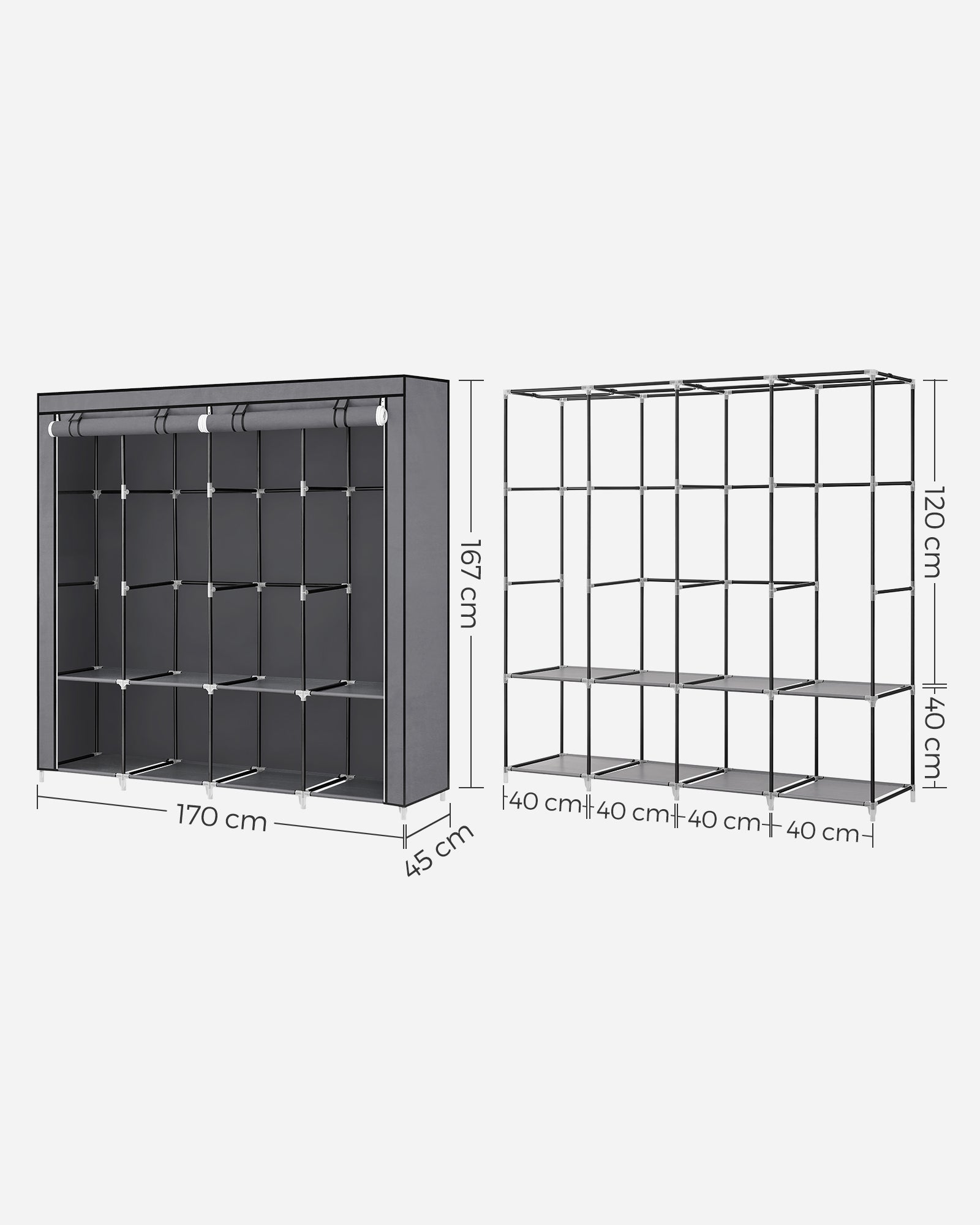 Portable Clothes Wardrobe - Fabric - Grey - Large Capacity with 4 Hanging Rails and Shelves