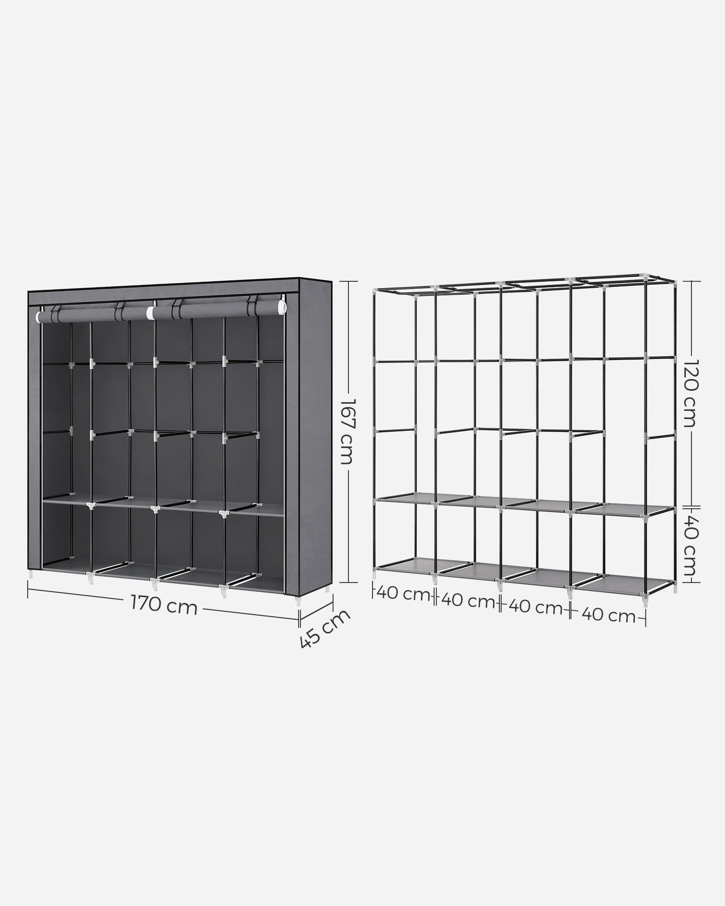 Portable Clothes Wardrobe - Fabric - Grey - Large Capacity with 4 Hanging Rails and Shelves