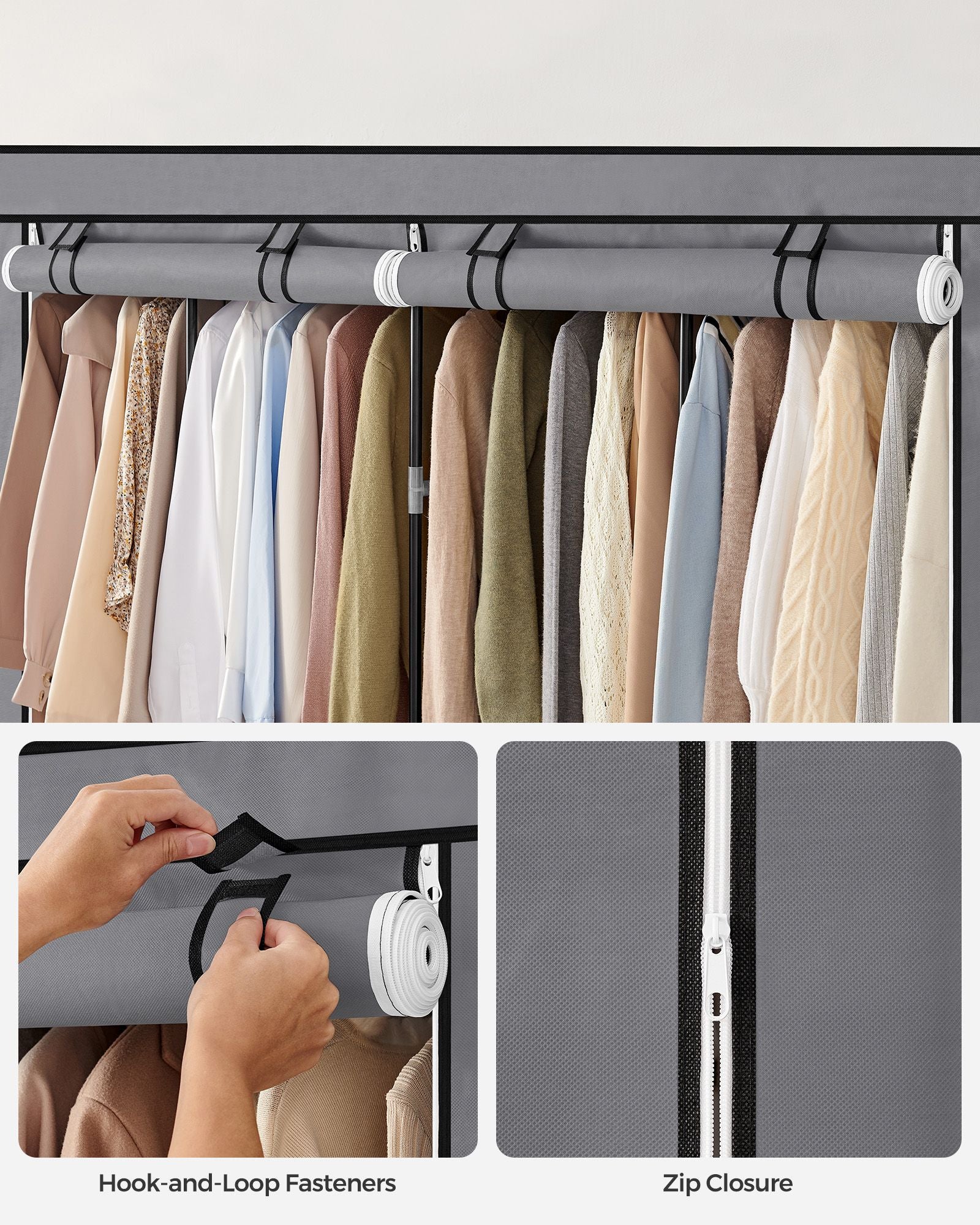 Portable Clothes Wardrobe - Fabric - Grey - Large Capacity with 4 Hanging Rails and Shelves
