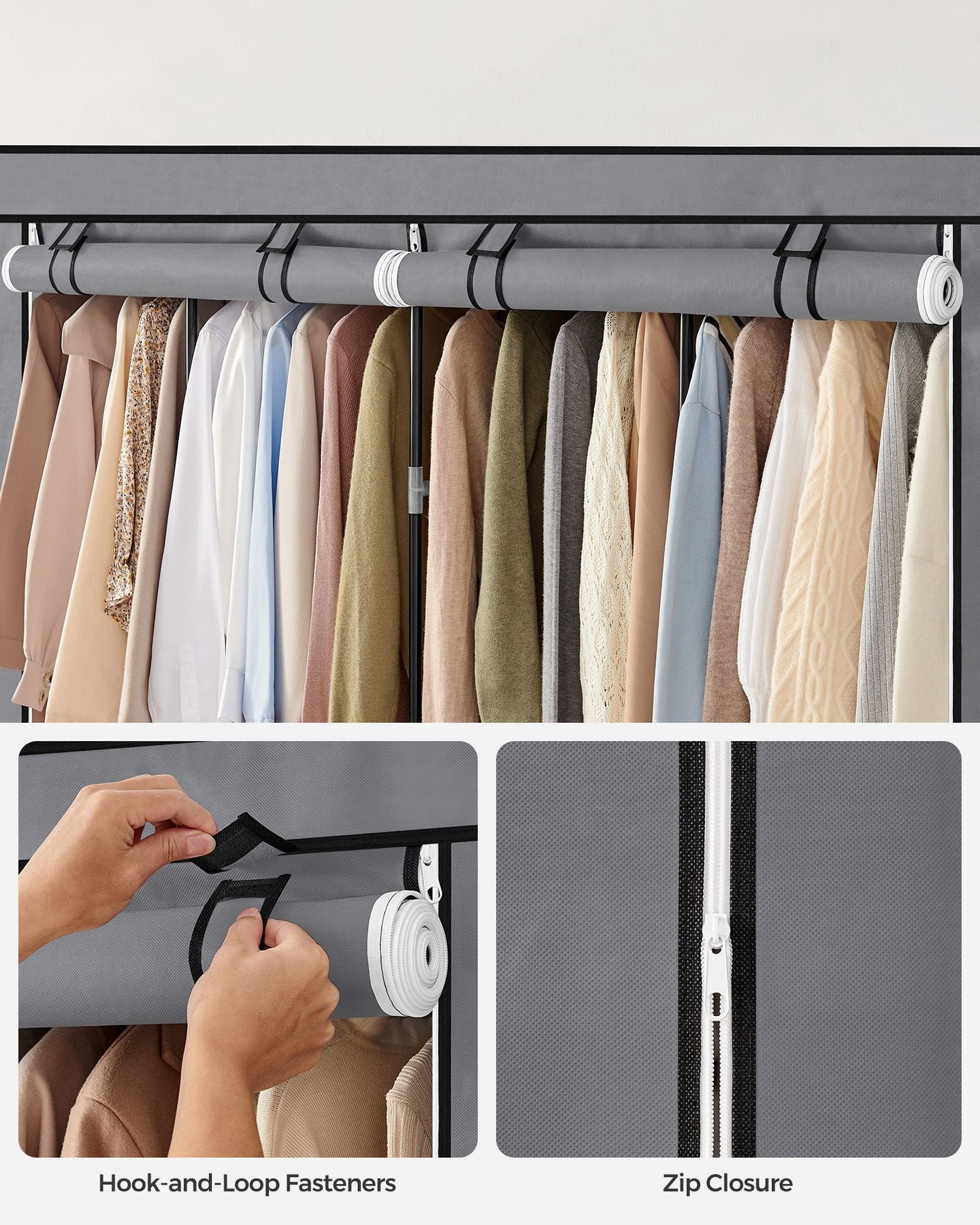 Portable Clothes Wardrobe - Fabric - Grey - Large Capacity with 4 Hanging Rails and Shelves