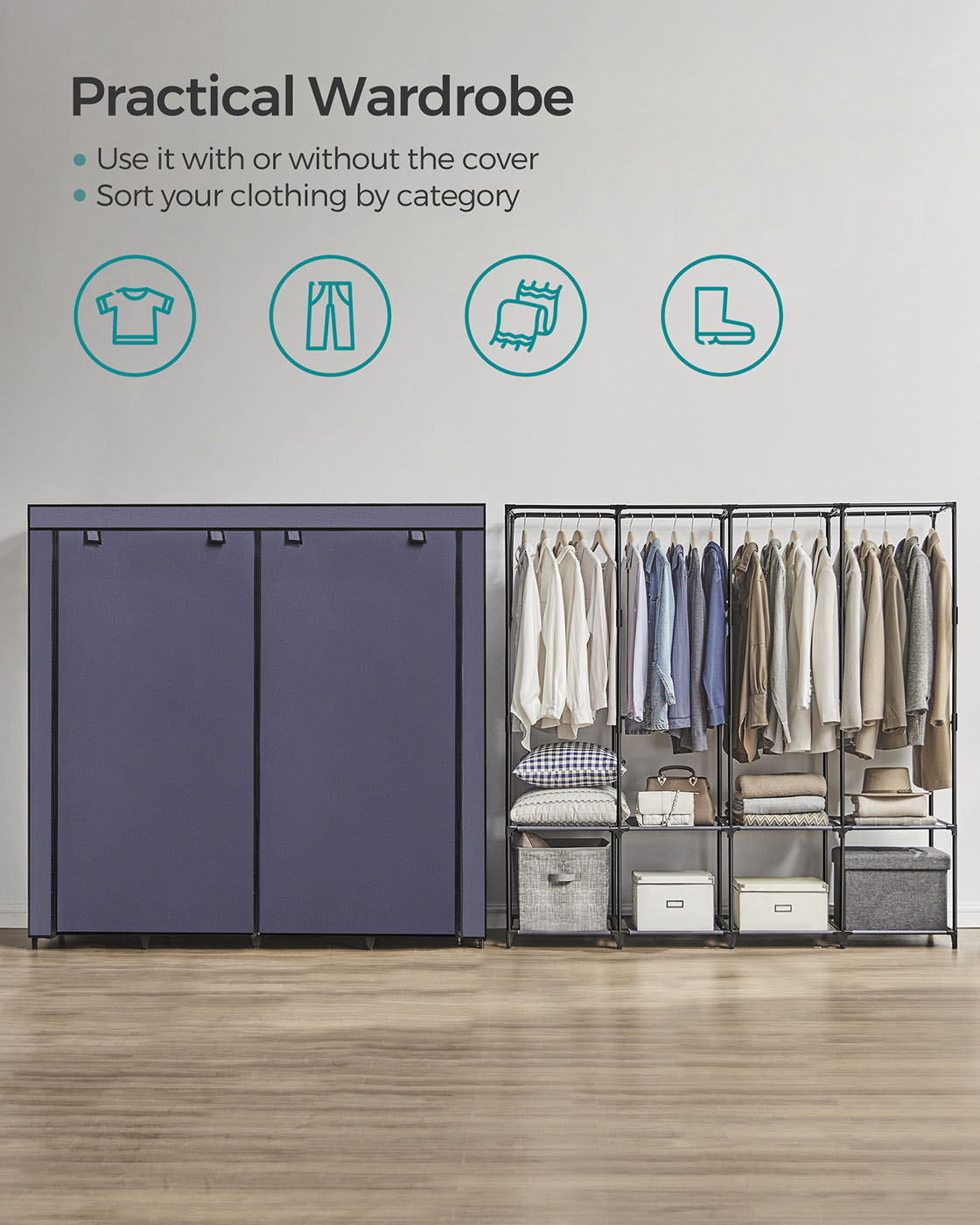 Portable Closet - Fabric - Dark Blue - Large Capacity with 4 Hanging Rails and Shelves