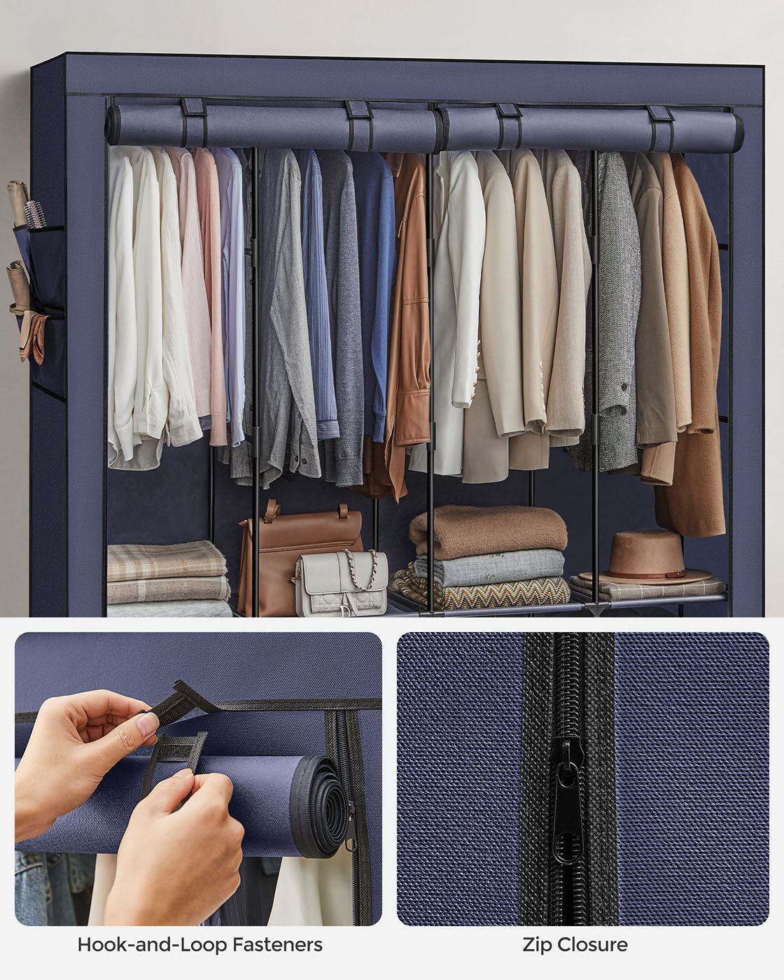 Portable Closet - Fabric - Dark Blue - Large Capacity with 4 Hanging Rails and Shelves