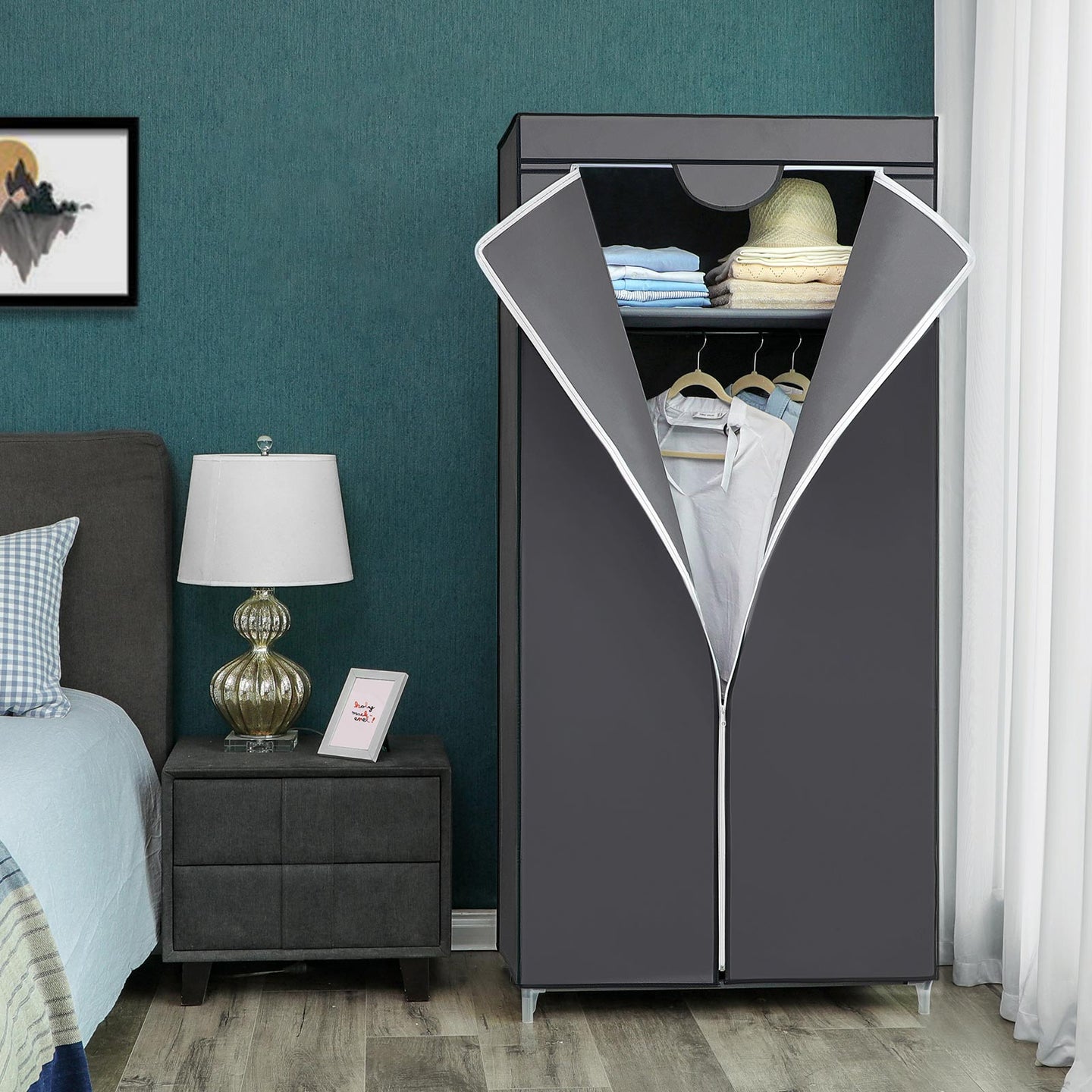 Portable Closet - Canvas - Grey - Includes Hanging Rail and Storage Shelves