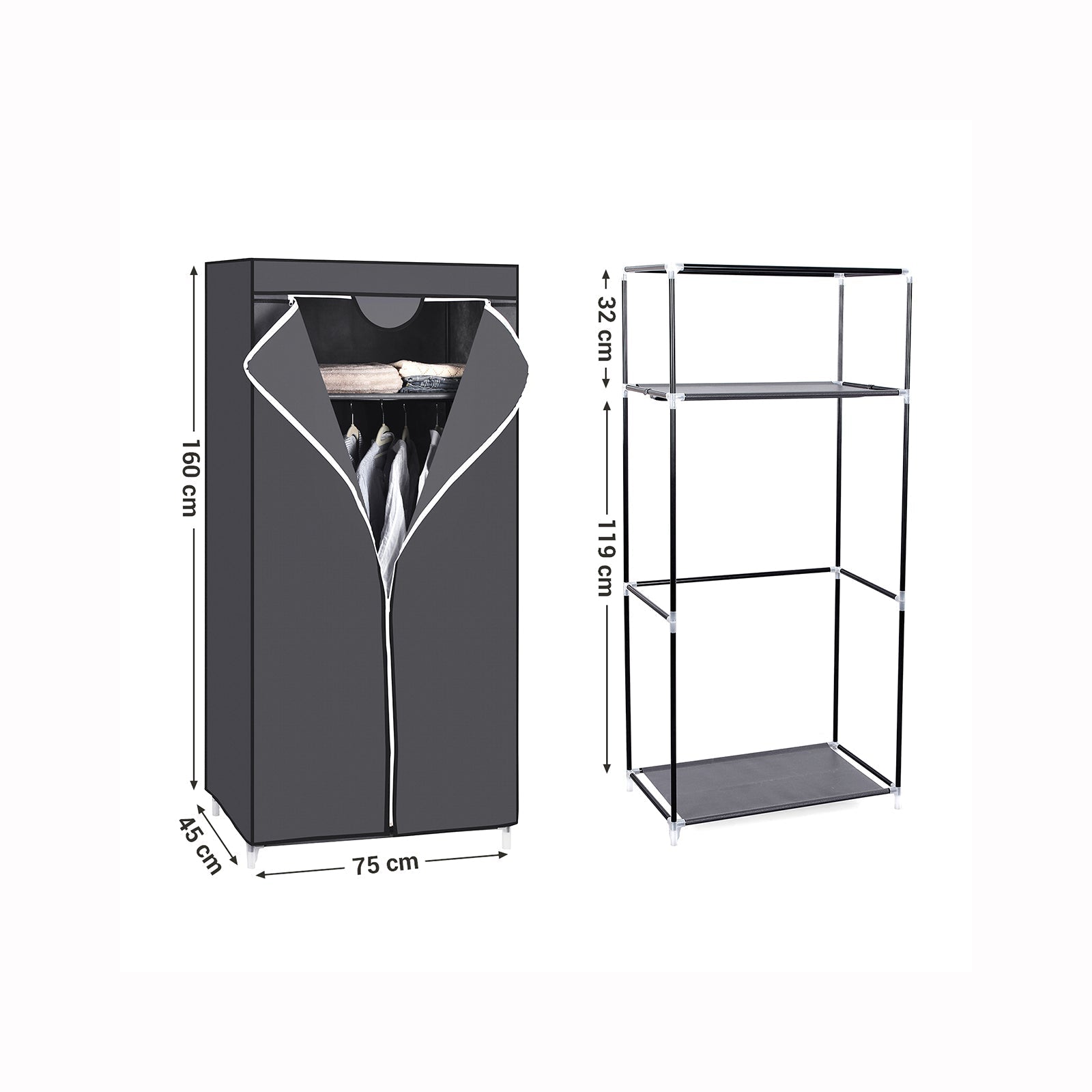 Portable Closet - Canvas - Grey - Includes Hanging Rail and Storage Shelves