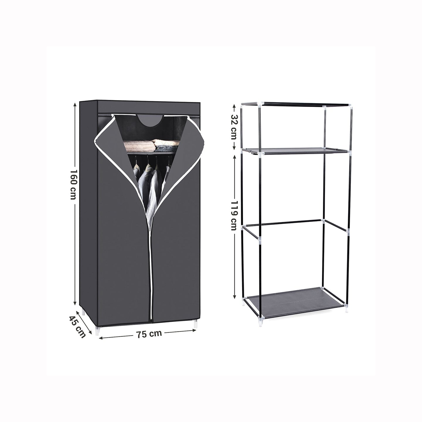 Portable Closet - Canvas - Grey - Includes Hanging Rail and Storage Shelves