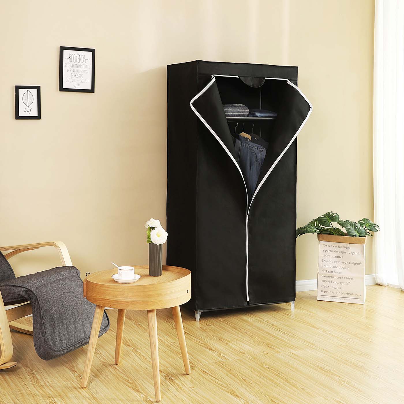 Canvas Hanging Rail Wardrobe - Fabric - Black - Includes Shelves and Storage Space