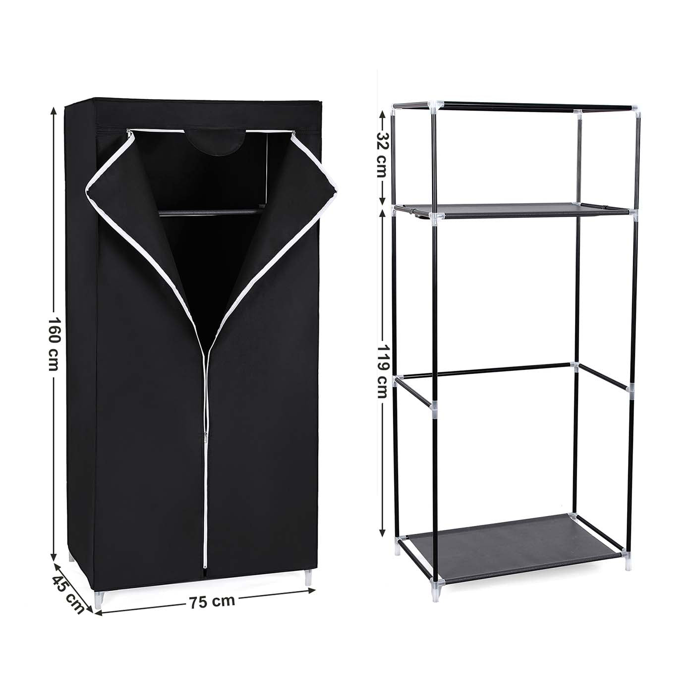 Canvas Hanging Rail Wardrobe - Fabric - Black - Includes Shelves and Storage Space