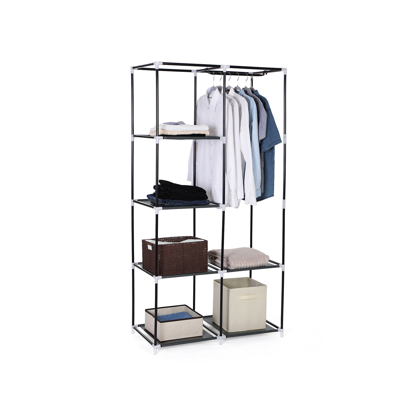Adjustable Fabric Wardrobe - Canvas - Black - Double Hanging Rails with 7 Assembly Options